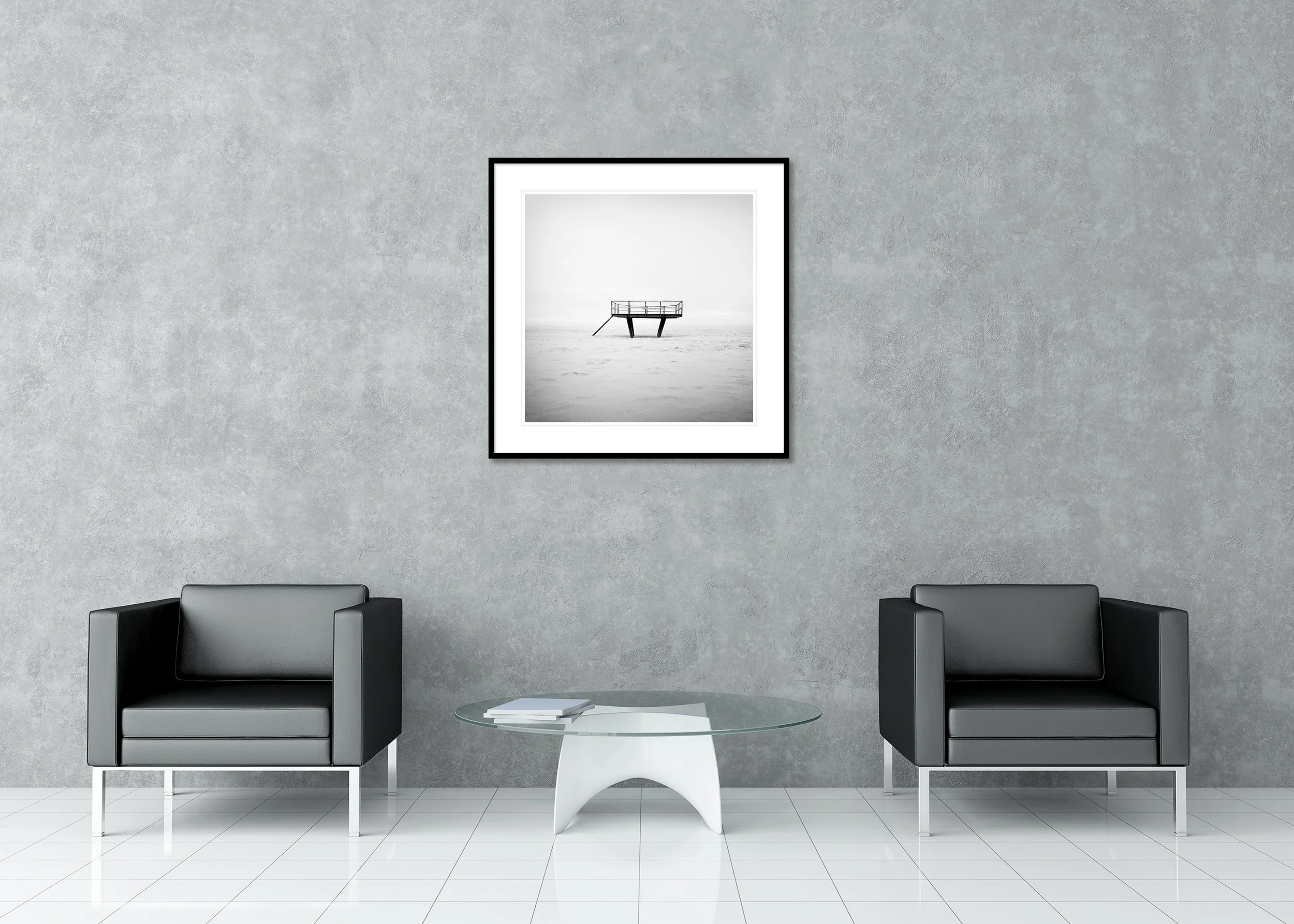Dance Floor displayed in a modern lounge as an archival pigment print in a black aluminium frame with a white mount by Gerald Berghammer.