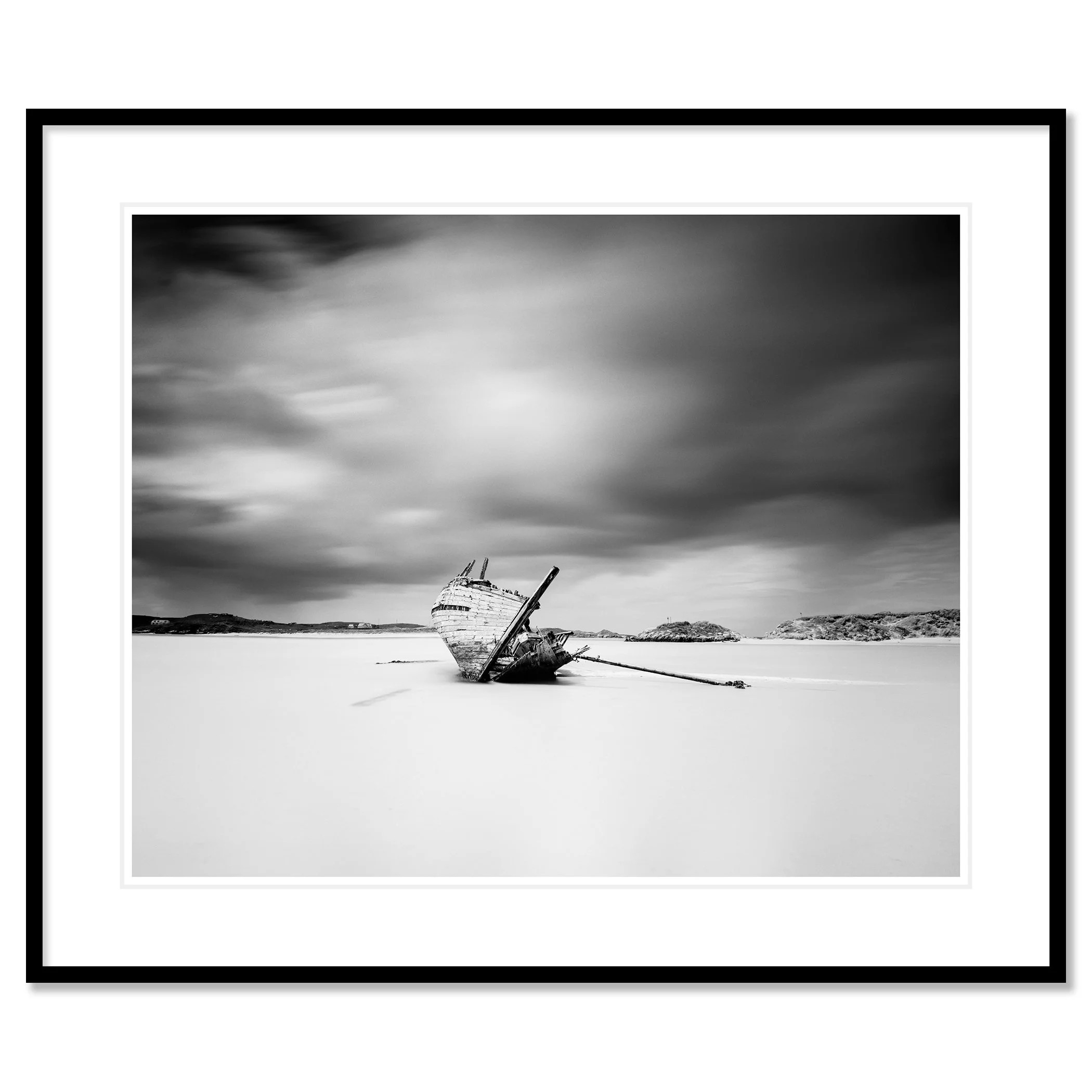 Bad Eddie’s Boat, Study 1 as an archival pigment print in a black aluminium frame with a white mount by Gerald Berghammer.