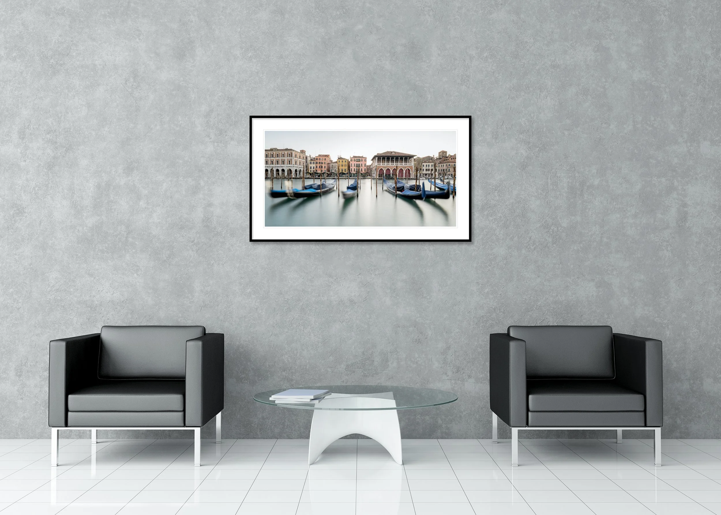 Mercato di Rialto Fish Market – Venice, framed colour print with white mount in a modern lounge.