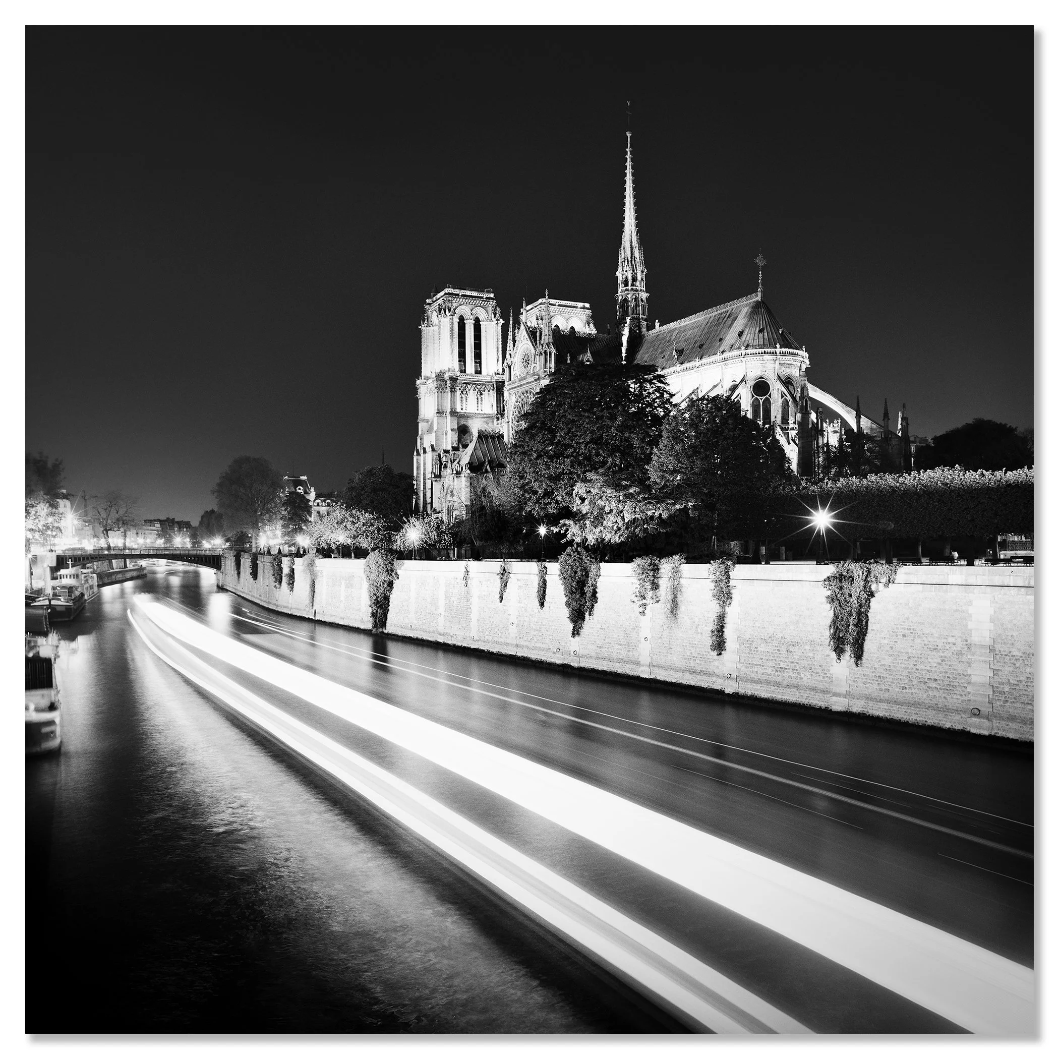 Notre-Dame Night Study 1 by Gerald Berghammer shown as a frameless black-and-white photograph mounted on aluminium Dibond.