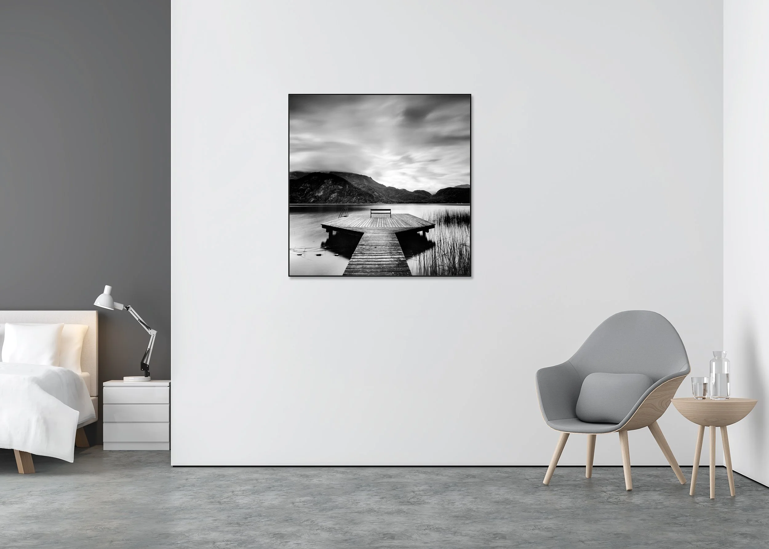 Wood Pier Study 2 – Austria, black-and-white fine art photo print mounted to Dibond in an aluminium ArtBox