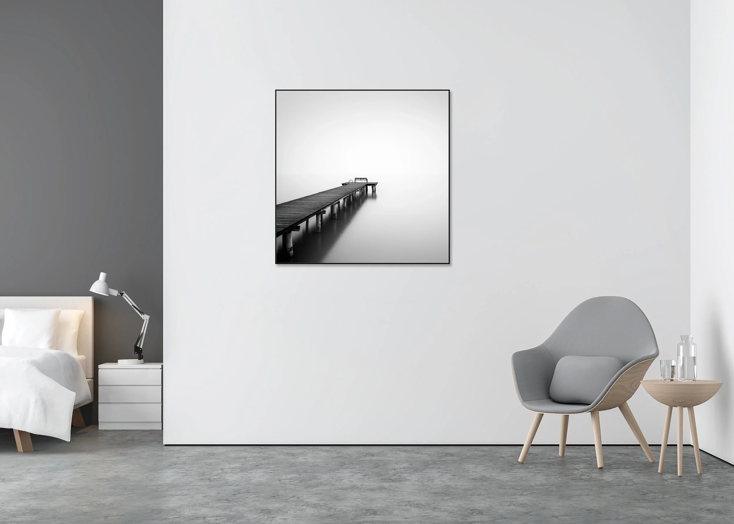 Minimalist black-and-white photograph of a pier leading into foggy still water, with a bench at the end, mounted to Dibond in an aluminium ArtBox.