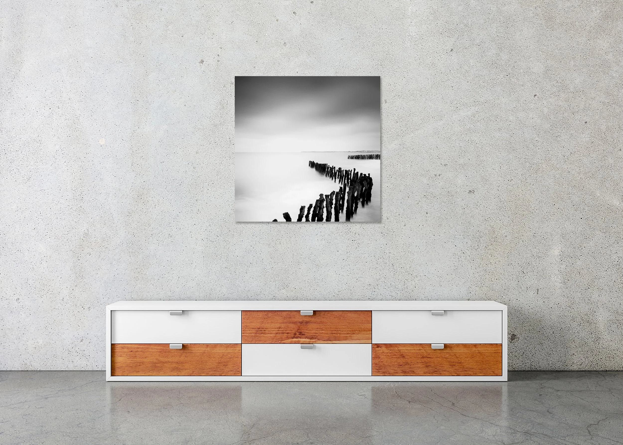 Sea Breakers, France, displayed frameless on aluminium Dibond in a modern interior by Gerald Berghammer.