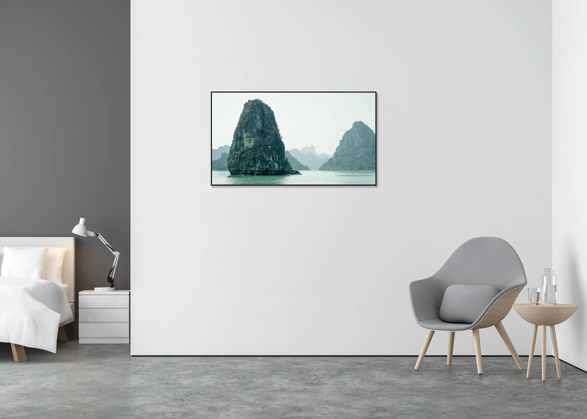 Green Limestone Cliffs Study 1 displayed in a modern interior, mounted on aluminium Dibond in a black ArtBox frame by Gerald Berghammer.