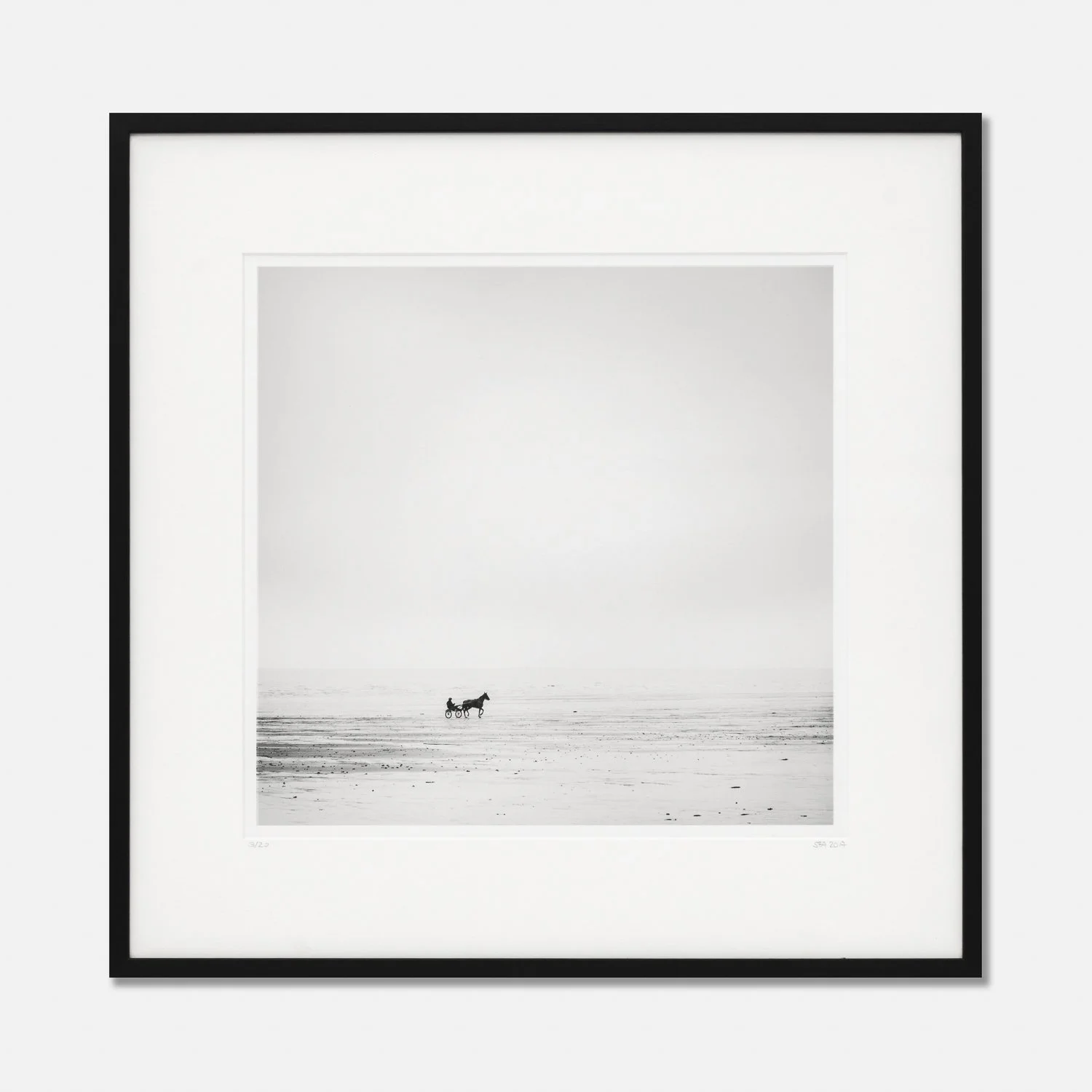 Harness Racing – France by Gerald Berghammer, framed black-and-white fine art photograph with a black wooden frame and white archival mount.