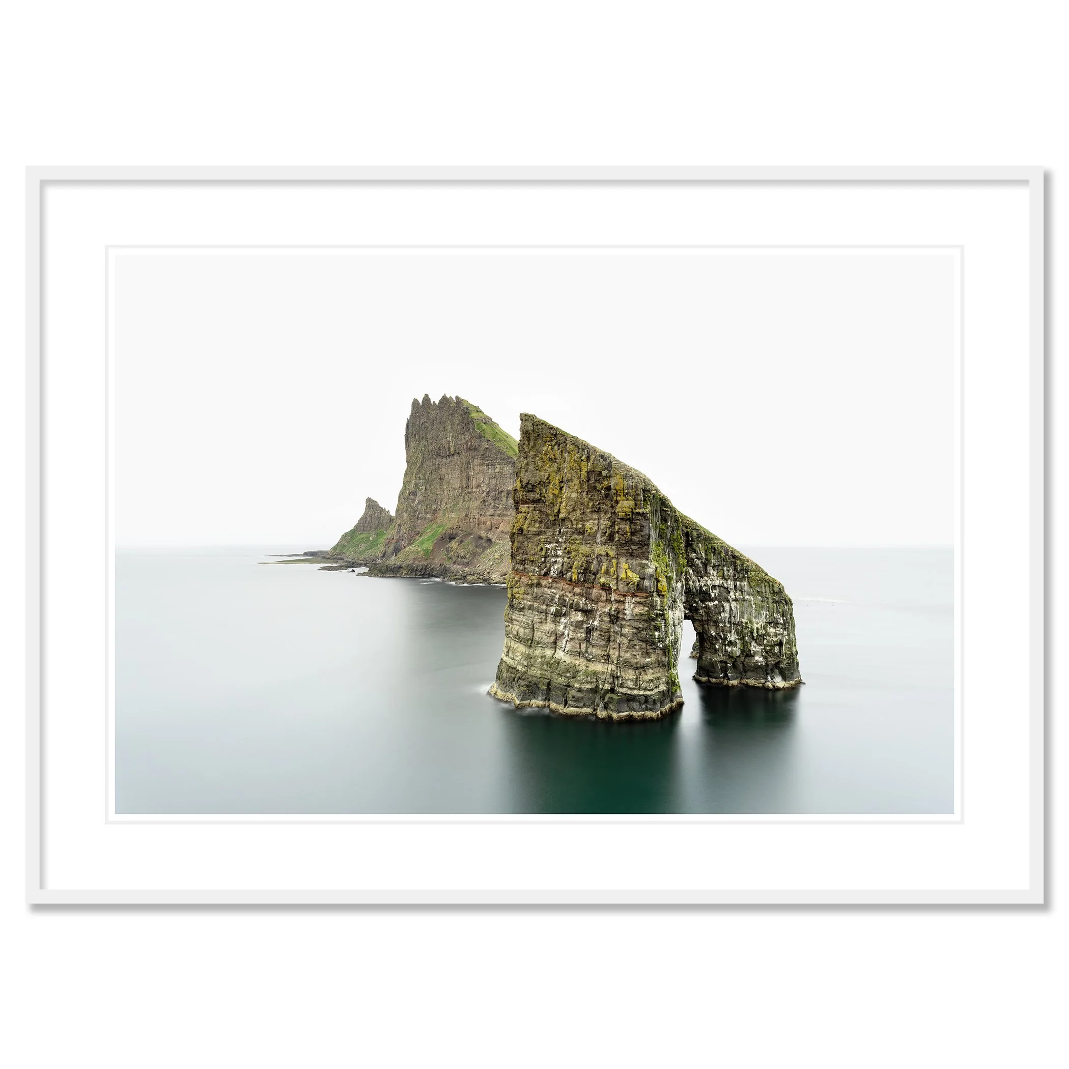 Drangarnir Sea Arch Panorama, Faroe Islands, colour fine art print in a white aluminium frame with white mount