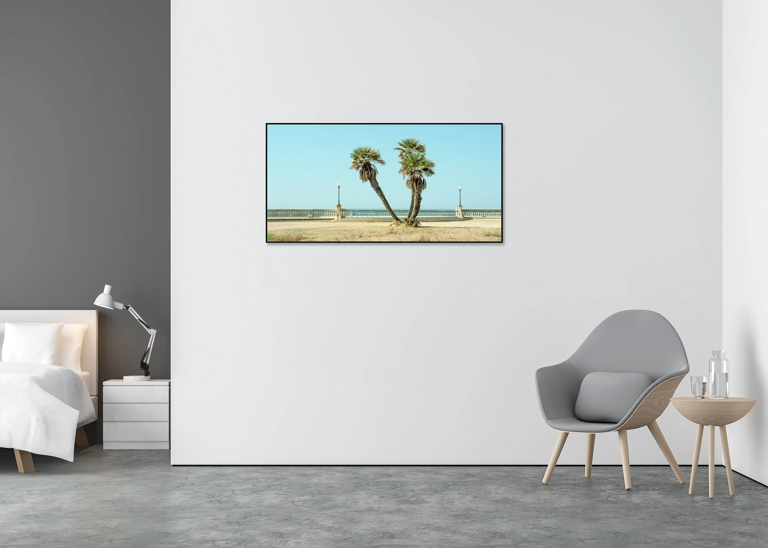 Twin Palms by the Sea – Tuscany, colour fine art photo print mounted to Dibond in an aluminium ArtBox.