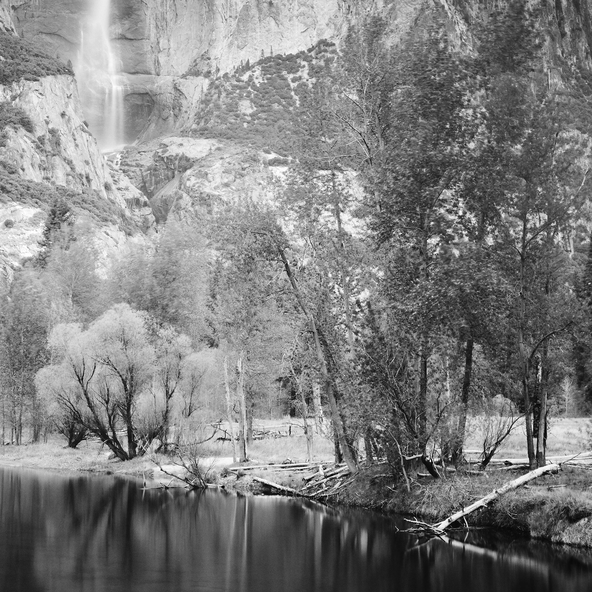 © 2015 Gerald Berghammer - Black and white american landscaspe photography. Mountain landscape with a waterfall, trees, and a calm river in the foreground. Print detail 3