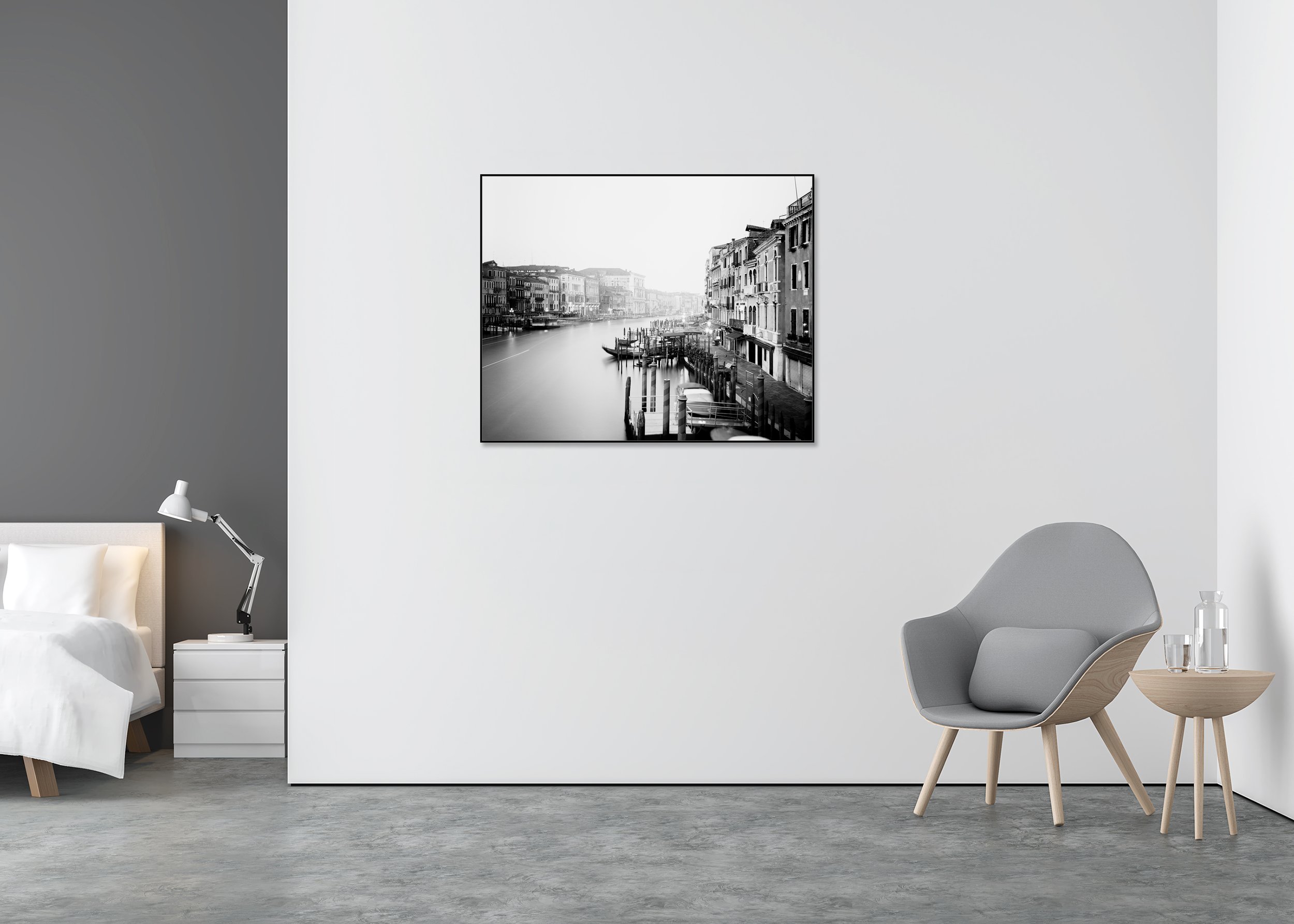 Canal Grande, Study 1 – Venice, black-and-white Dibond print in an aluminium ArtBox displayed in a contemporary interior.