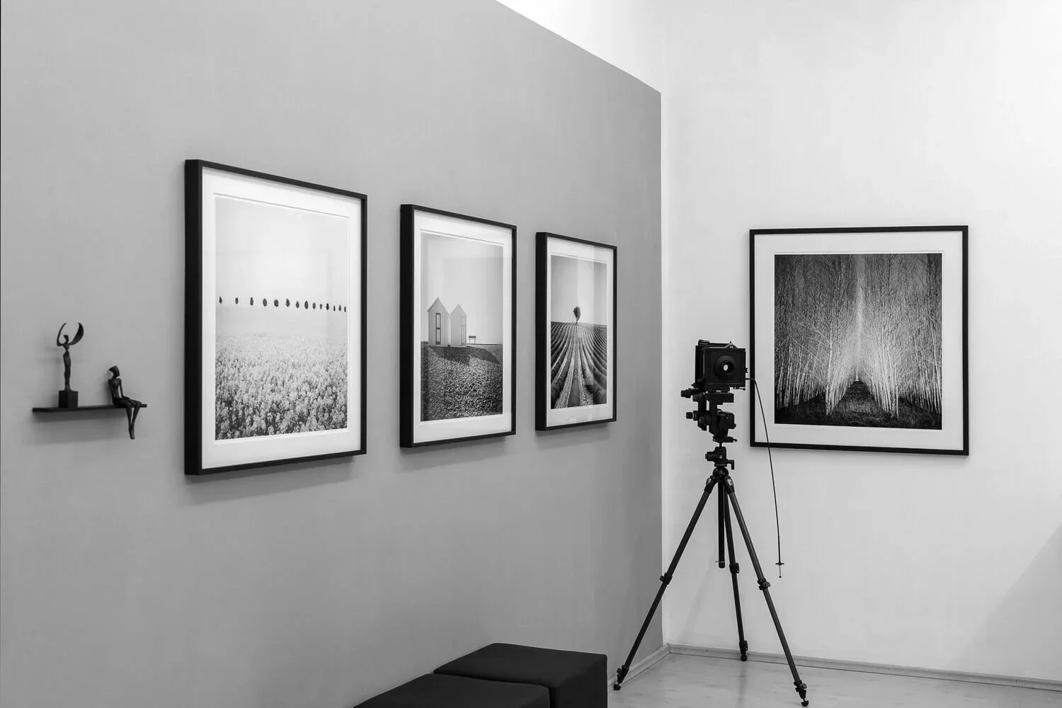 Framed black-and-white landscape photographs by Gerald Berghammer beside a vintage large-format camera at SILVERFINEART Gallery.