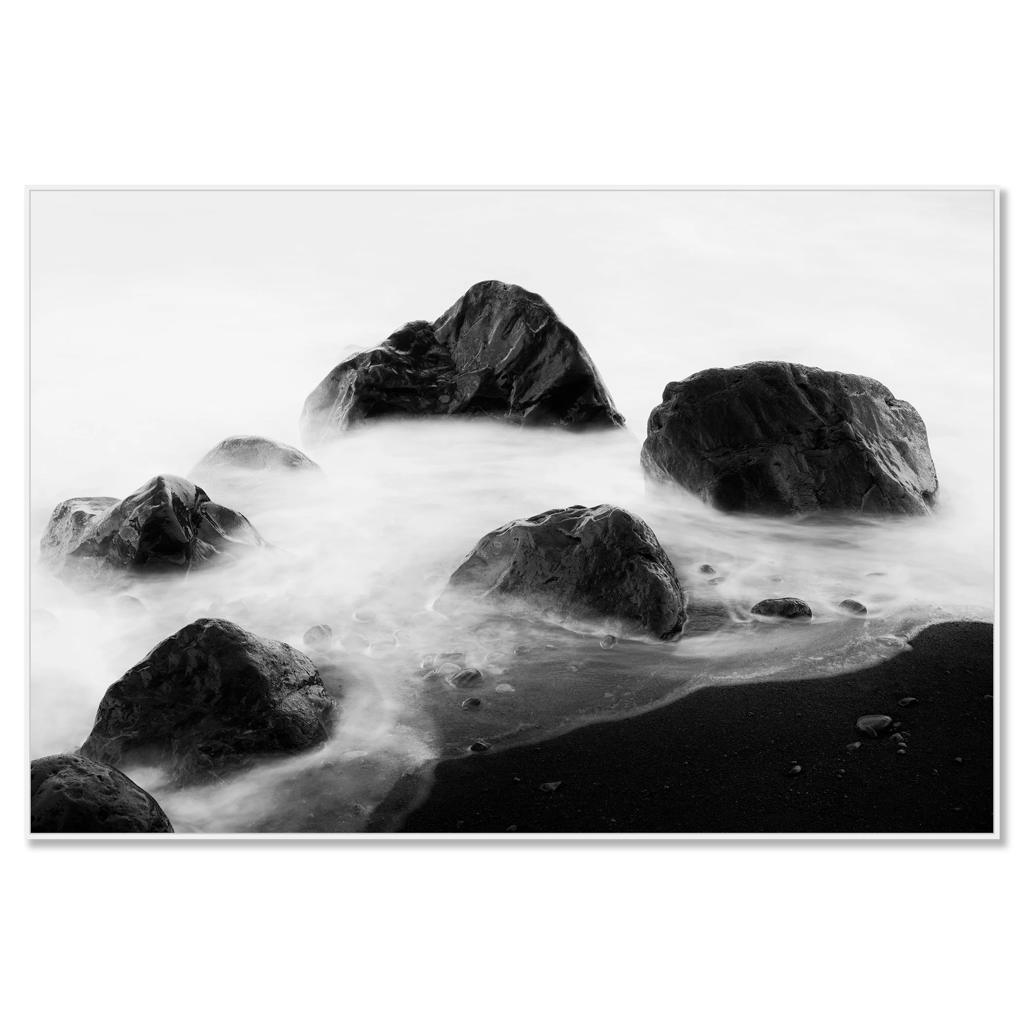 Black Rocks and a Few Stones – Spain, black-and-white Dibond print in a white aluminium ArtBox frame.