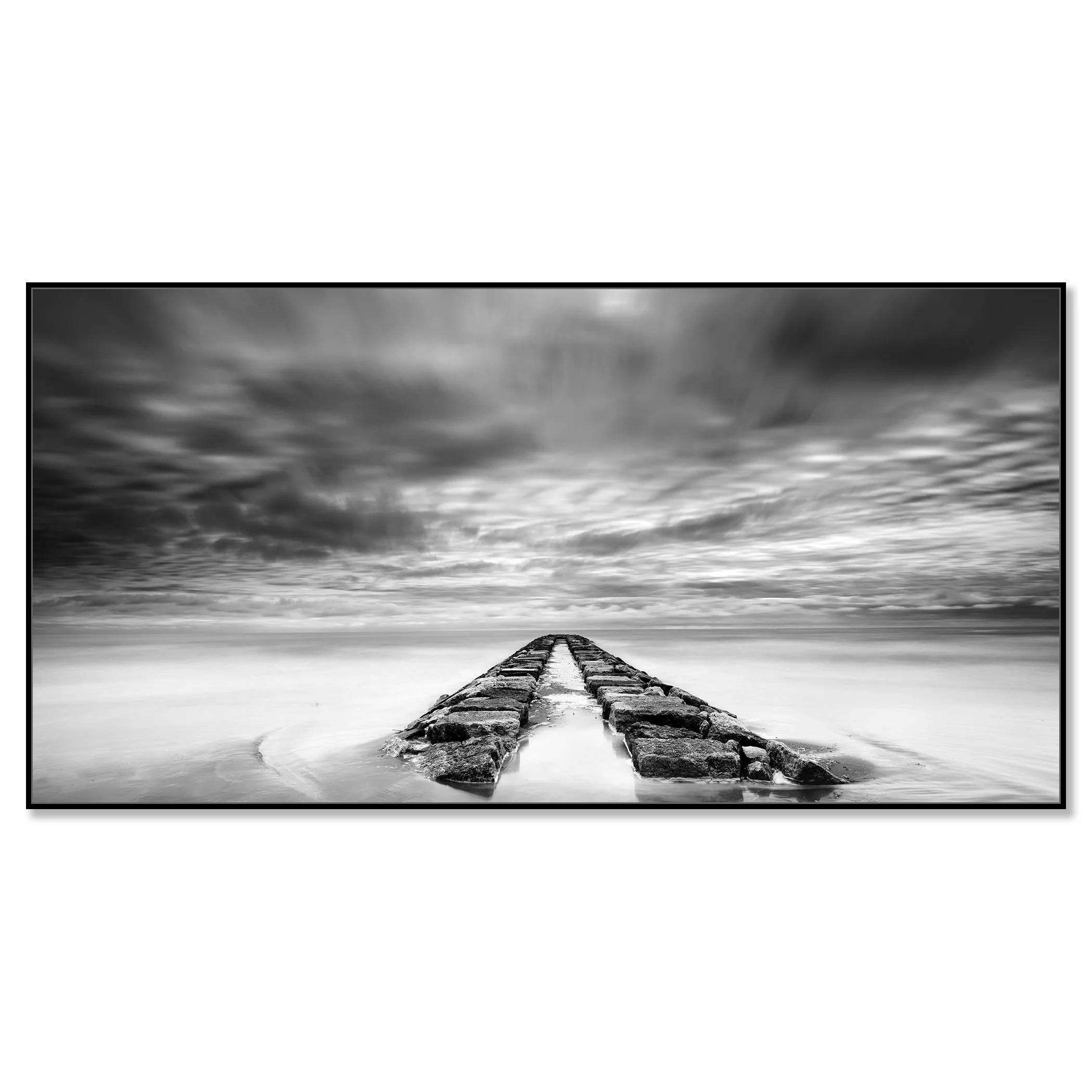 Rock Pier, Panorama Study 1 by Gerald Berghammer, black-and-white Dibond print in a black aluminium ArtBox frame.