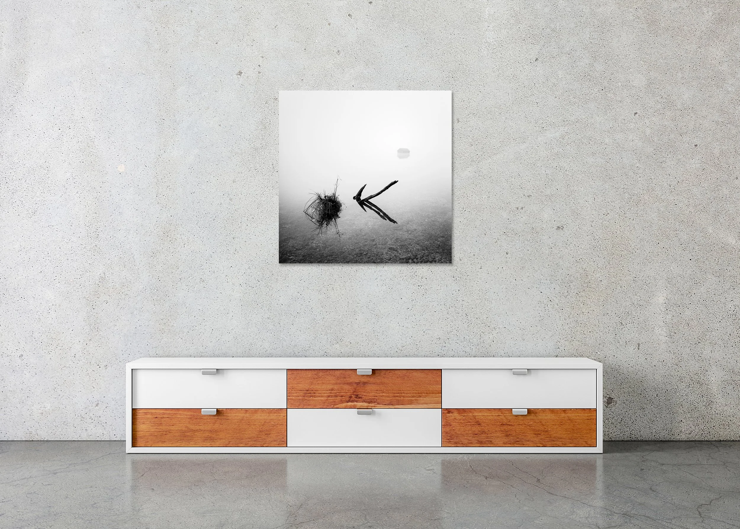 The Lake House at Lake Almsee, black-and-white photograph by Gerald Berghammer displayed as frameless Dibond in a modern interior.