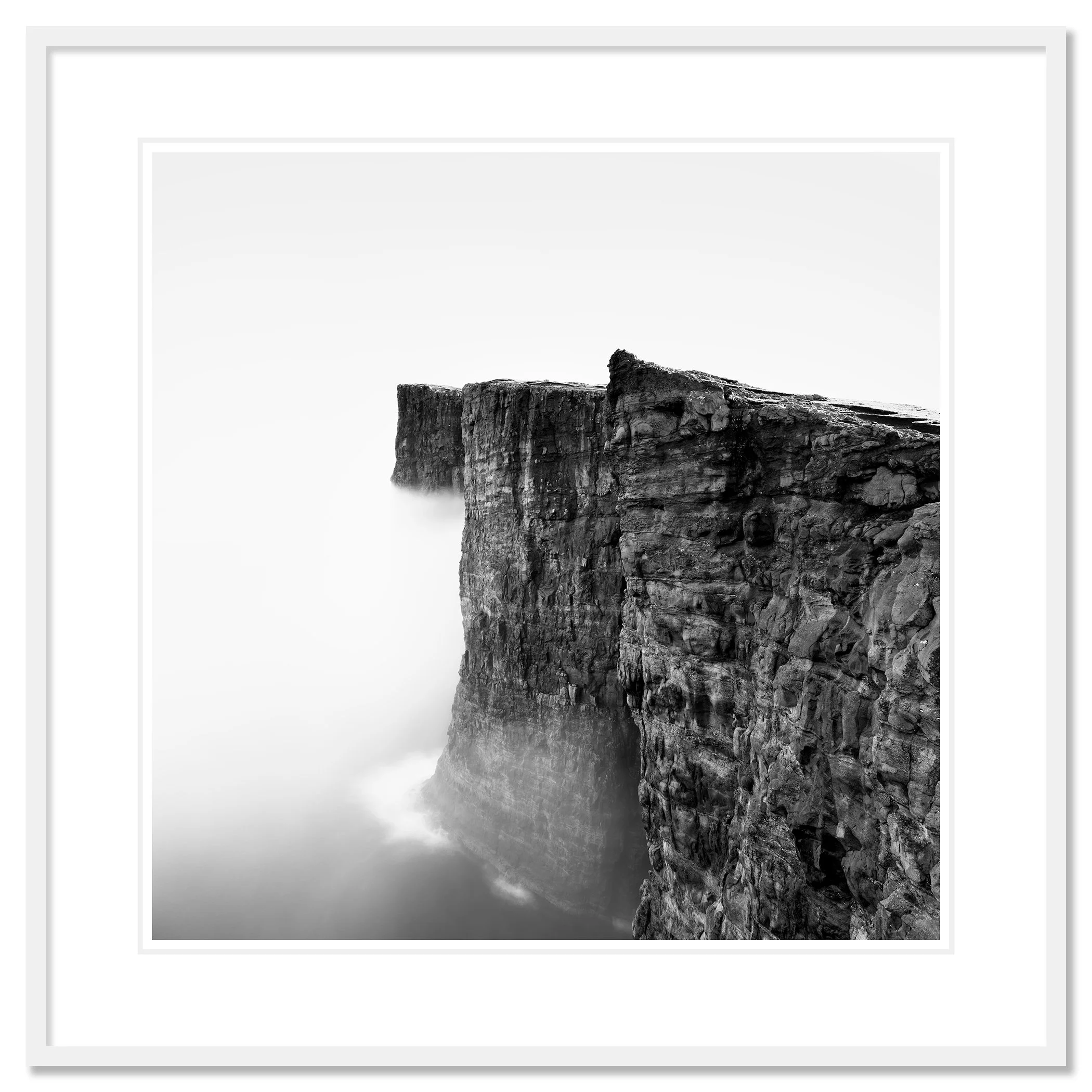Foggy Slave Cliff Study 3 by Gerald Berghammer, black-and-white fine art print in a white aluminium frame with white mount.