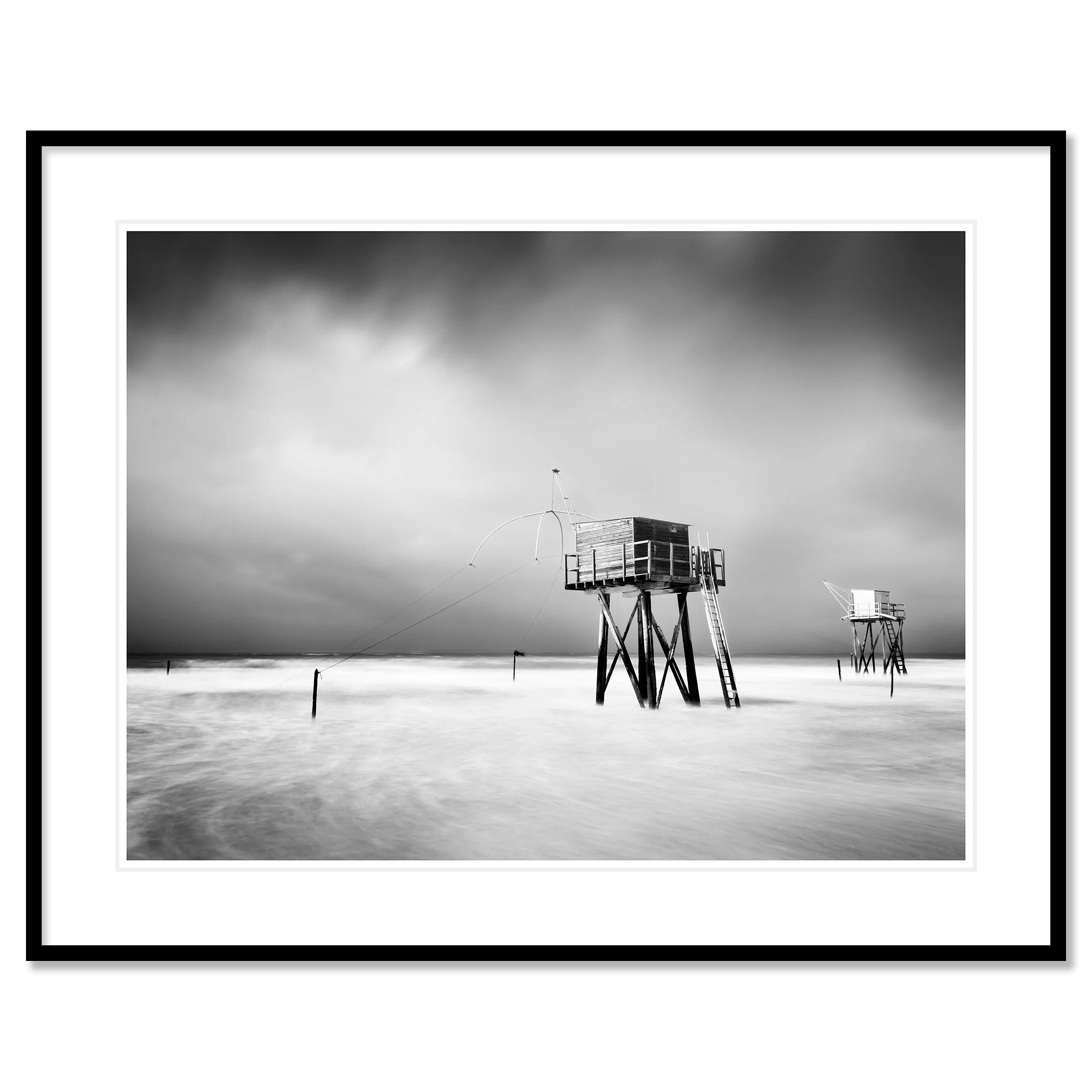 Fishing Hut on Stilts Study 4 shown as an archival pigment print in a black aluminium frame with a white mount by Gerald Berghammer.