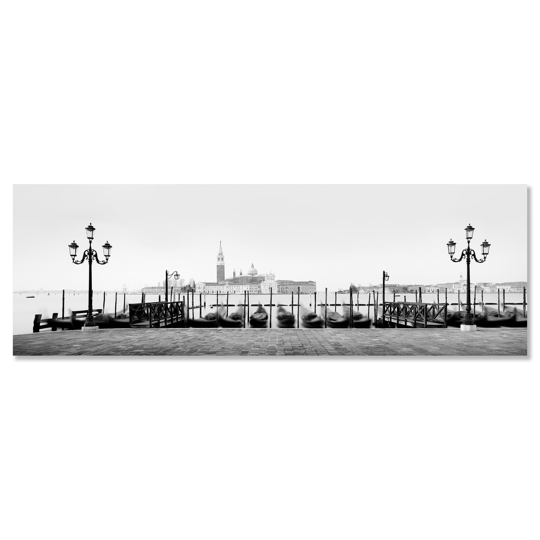 Minimal black and white Venice scene with gondolas, waterside lamps and San Giorgio Maggiore in the background – dibond frameless