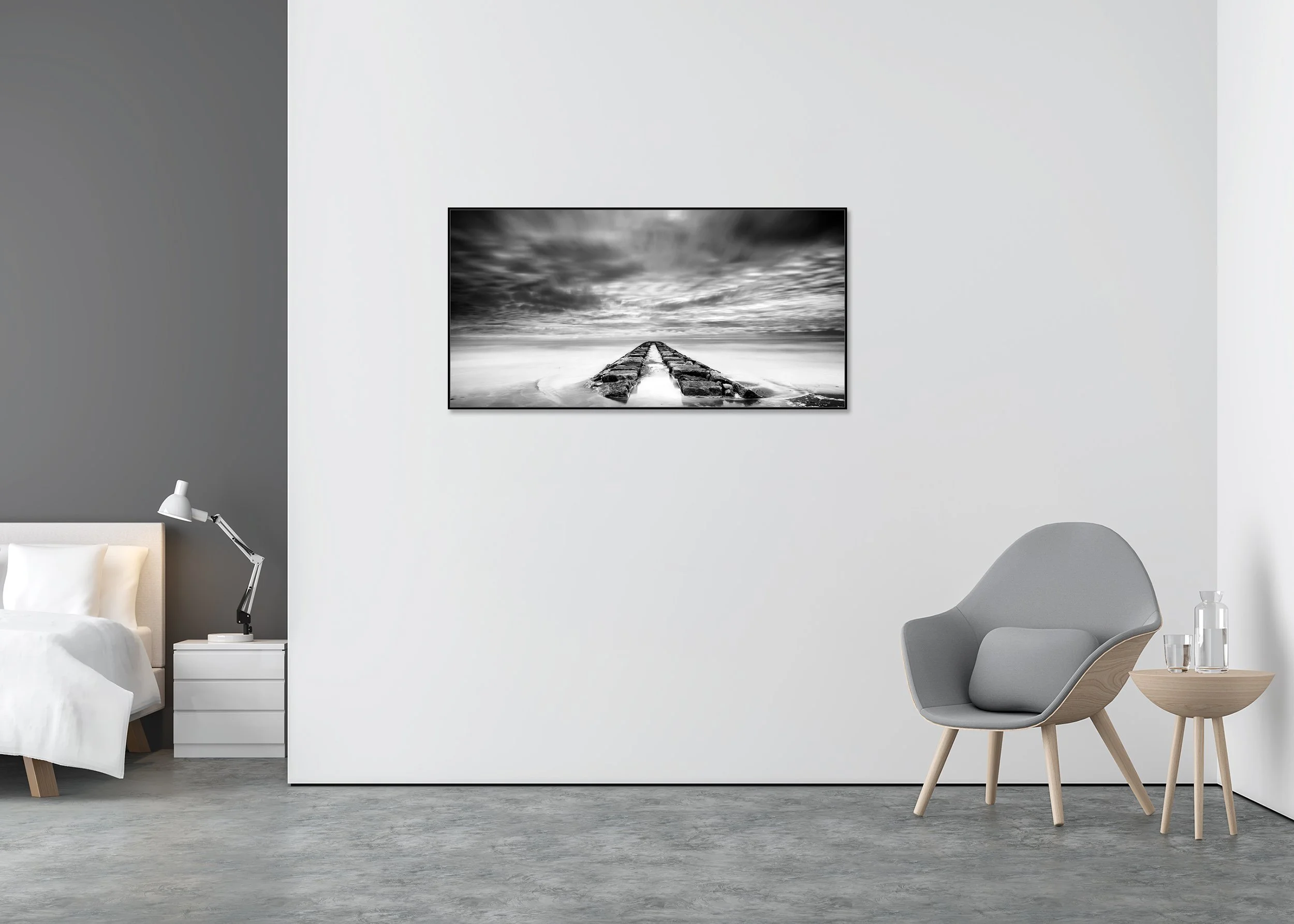 Rock Pier, Panorama Study 1 – Italy, black-and-white Dibond print in an aluminium ArtBox displayed in a contemporary interior.