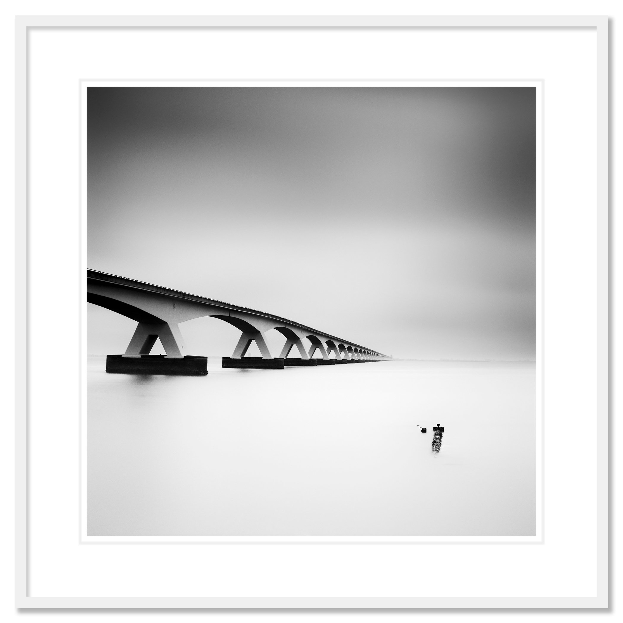 Zeeland Bridge Study 1 presented in a white aluminium frame with a white mount by Gerald Berghammer.
