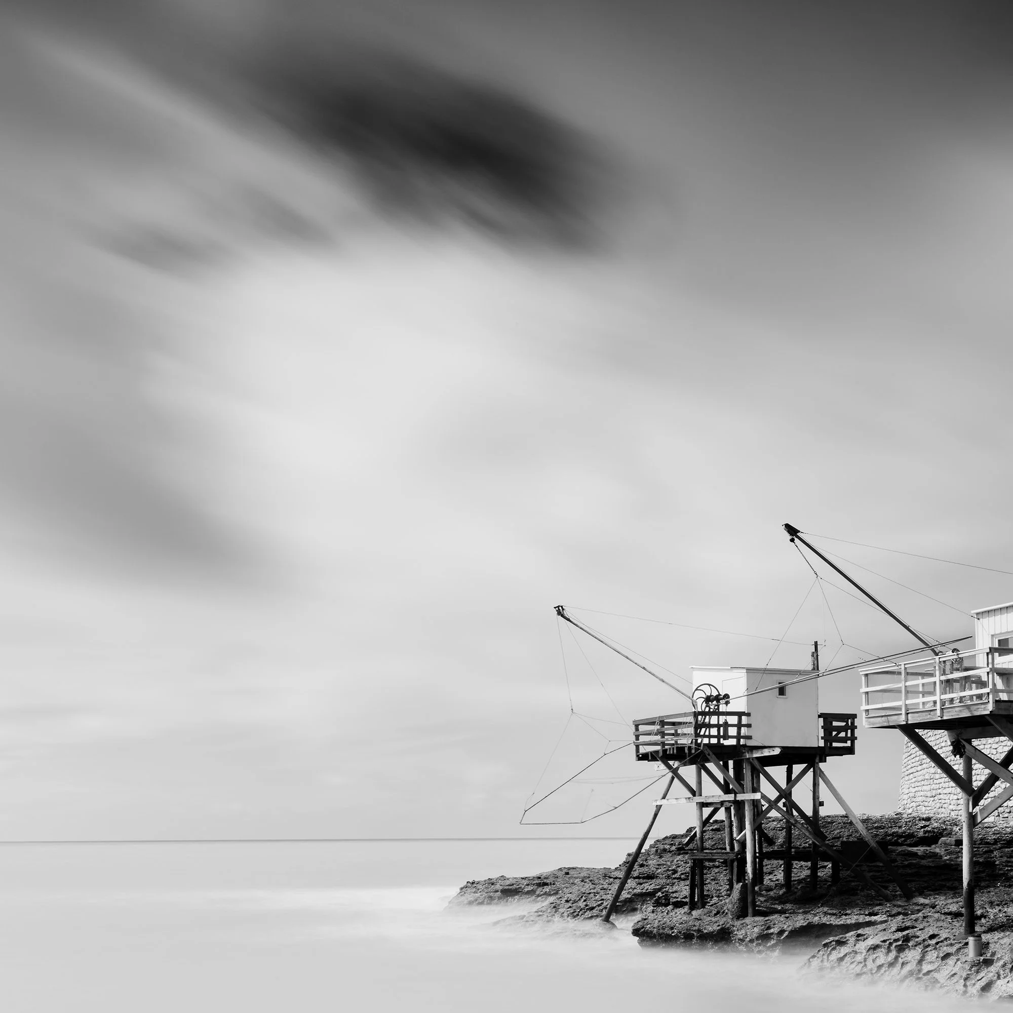 Detail view of Carrelet Study 1 showing carrelet fishing huts and the French coast by Gerald Berghammer.