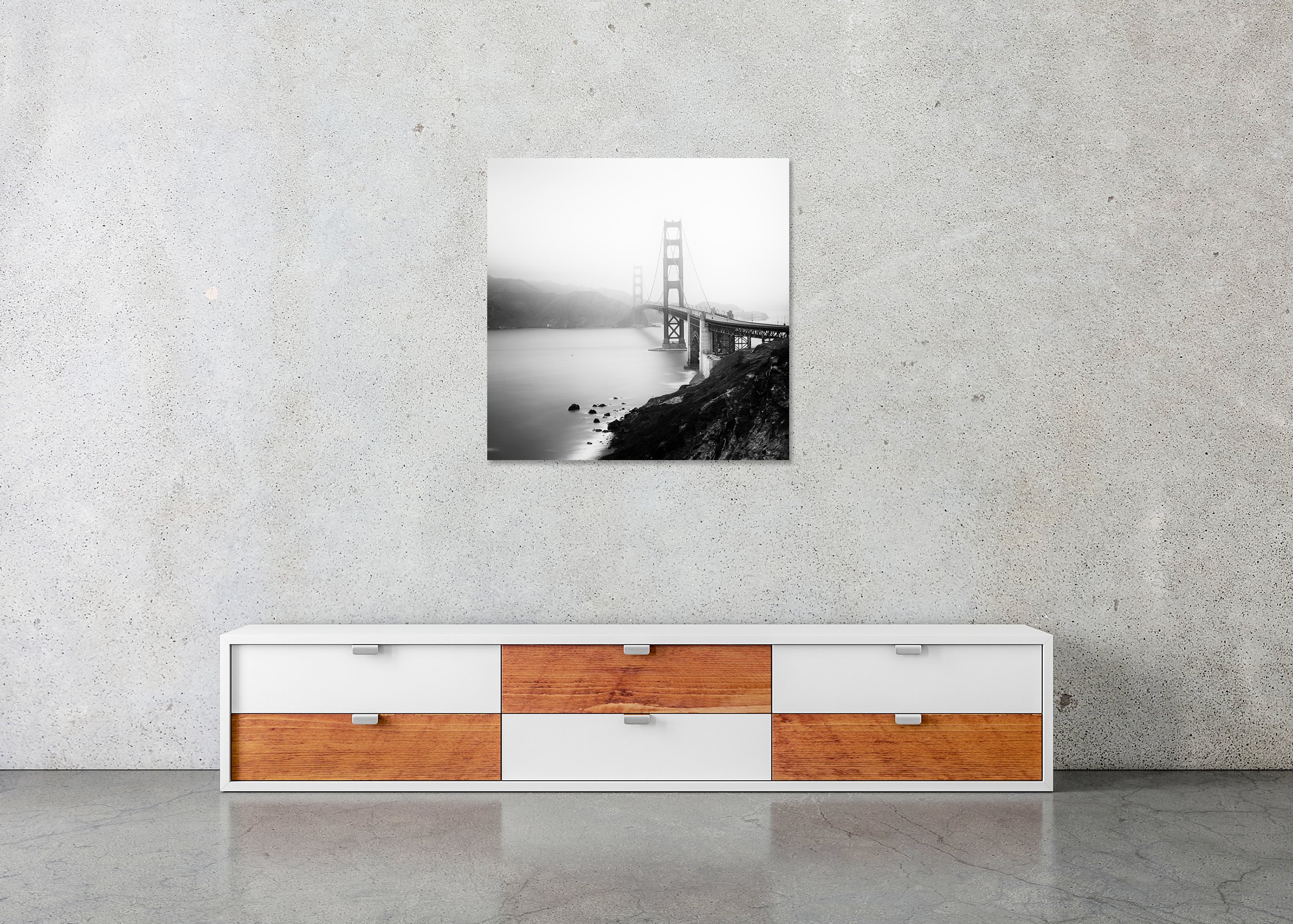 Misty monochrome view of the Golden Gate Bridge with coastline and calm water, photo print mounted to Dibond, frameless