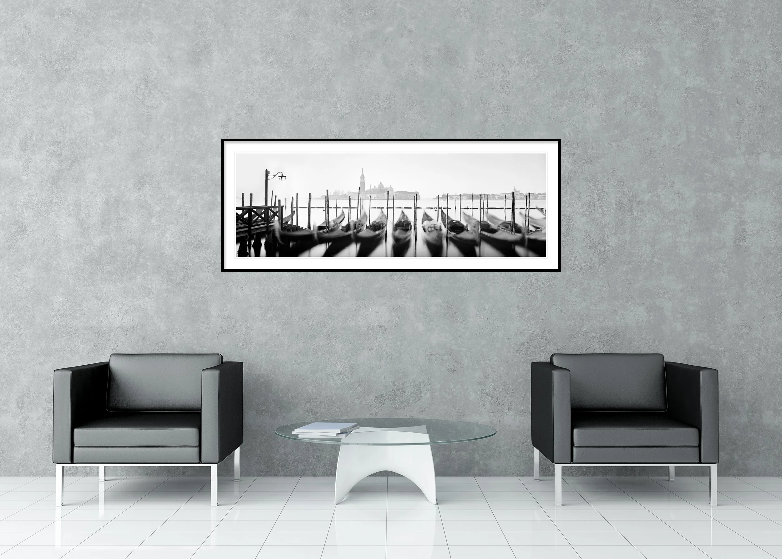 Classic framed black and white photograph of Venetian gondolas with long-exposure motion and passepartout, by Gerald Berghammer.