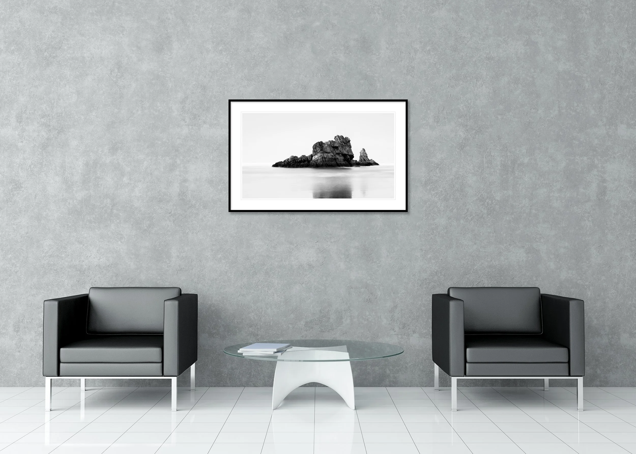 Rock on the Beach Panorama Study 1 displayed in a modern interior as an archival pigment print in a black aluminium frame with a white mount.