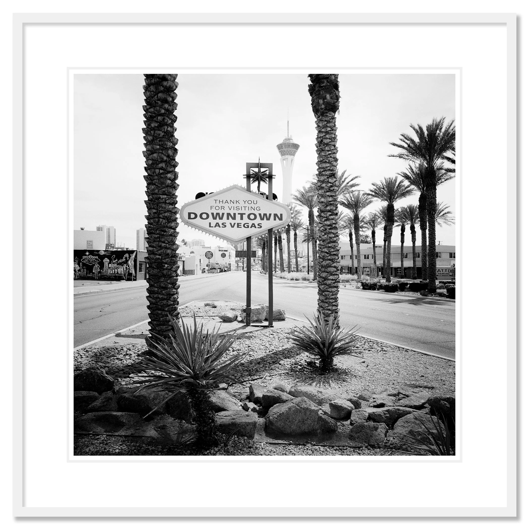 Gerald Berghammer - Black and white desert cityscape photography. Las Vegas Welcome Sign, with palm trees lining the street and the Stratosphere Tower. Classic framed white
