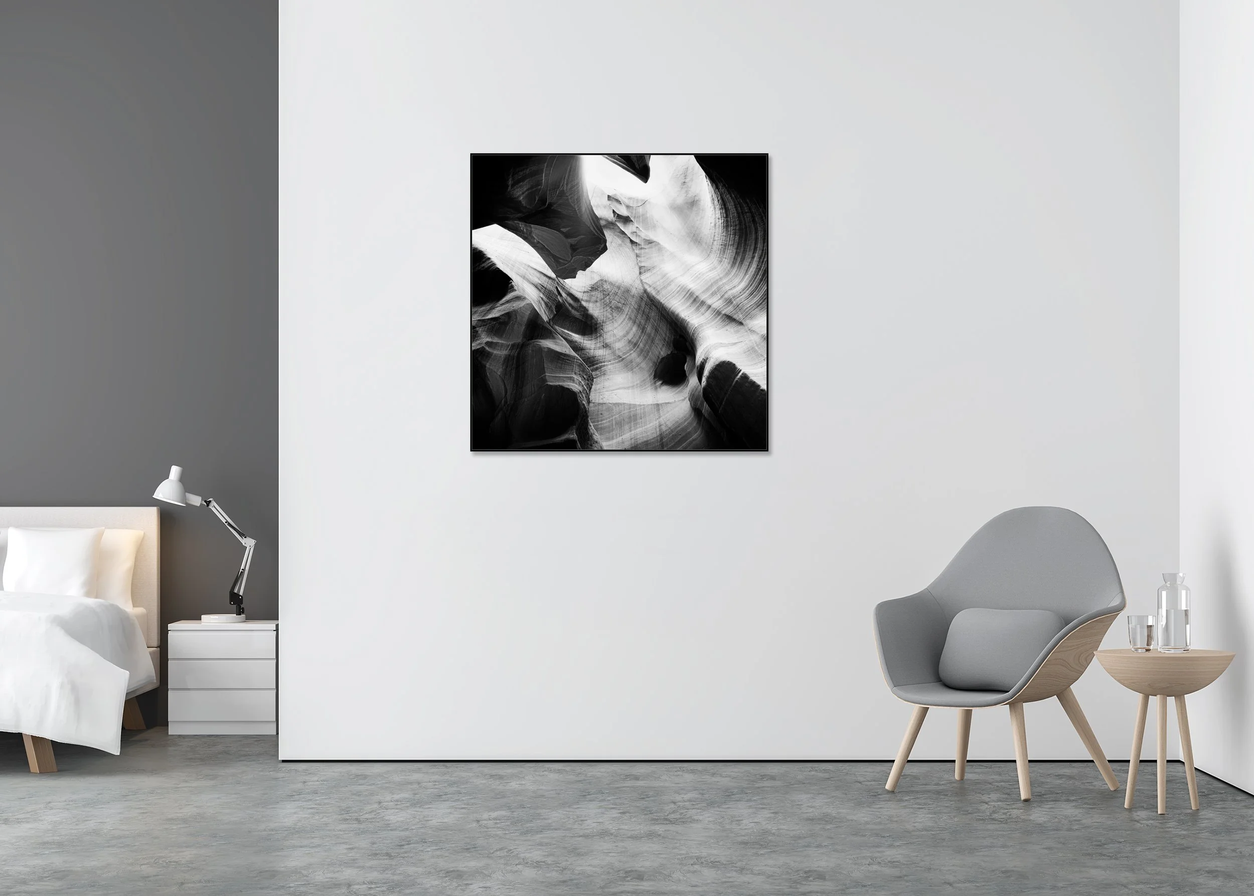 Antelope Canyon Study 8 displayed in a modern interior as a black-and-white Dibond print in a black aluminium ArtBox frame by Gerald Berghammer.