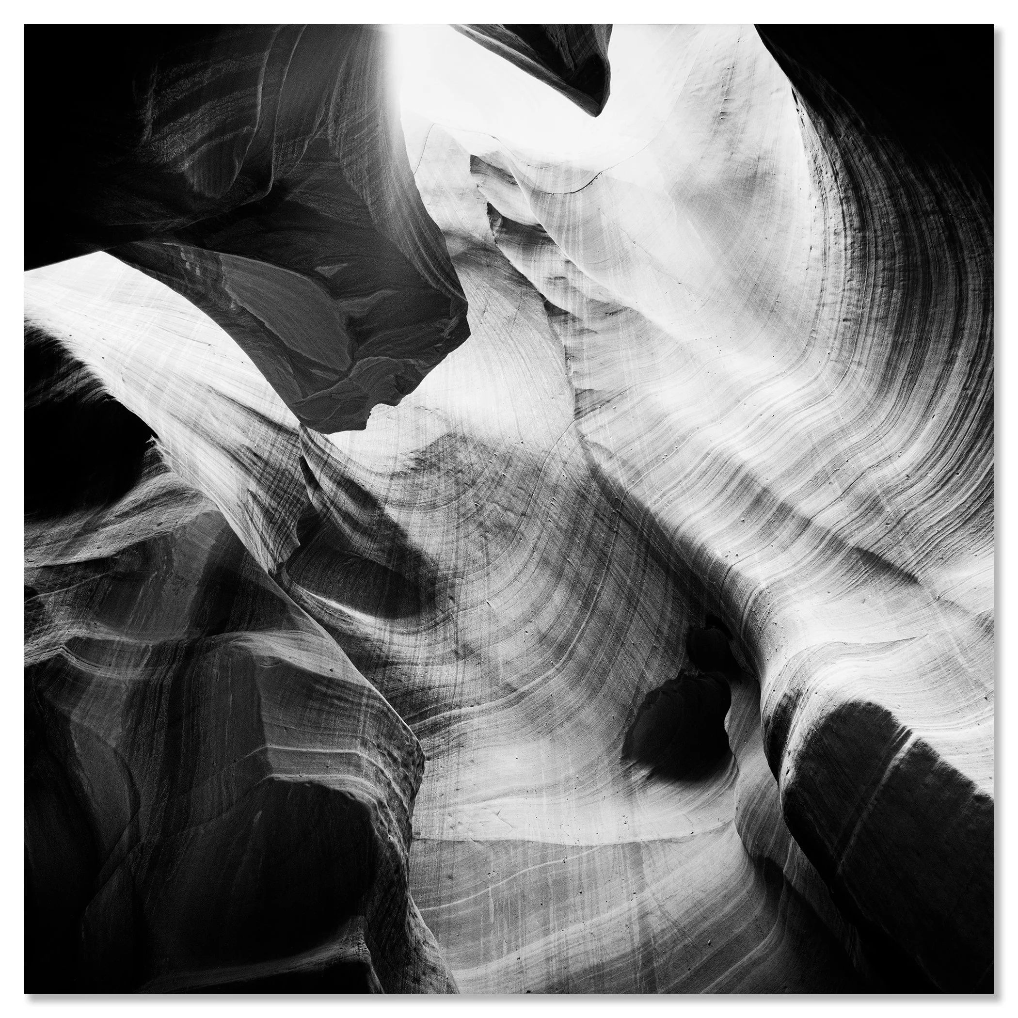 Antelope Canyon Study 8 displayed as a frameless black-and-white artwork mounted on aluminium Dibond by Gerald Berghammer.