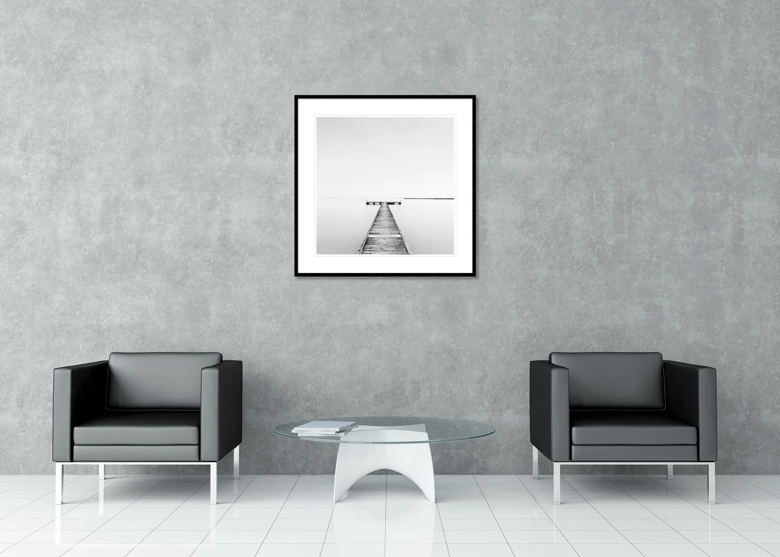 Pier Study 1 displayed in a modern lounge as an archival pigment print in a black aluminium frame with a white mount by Gerald Berghammer.
