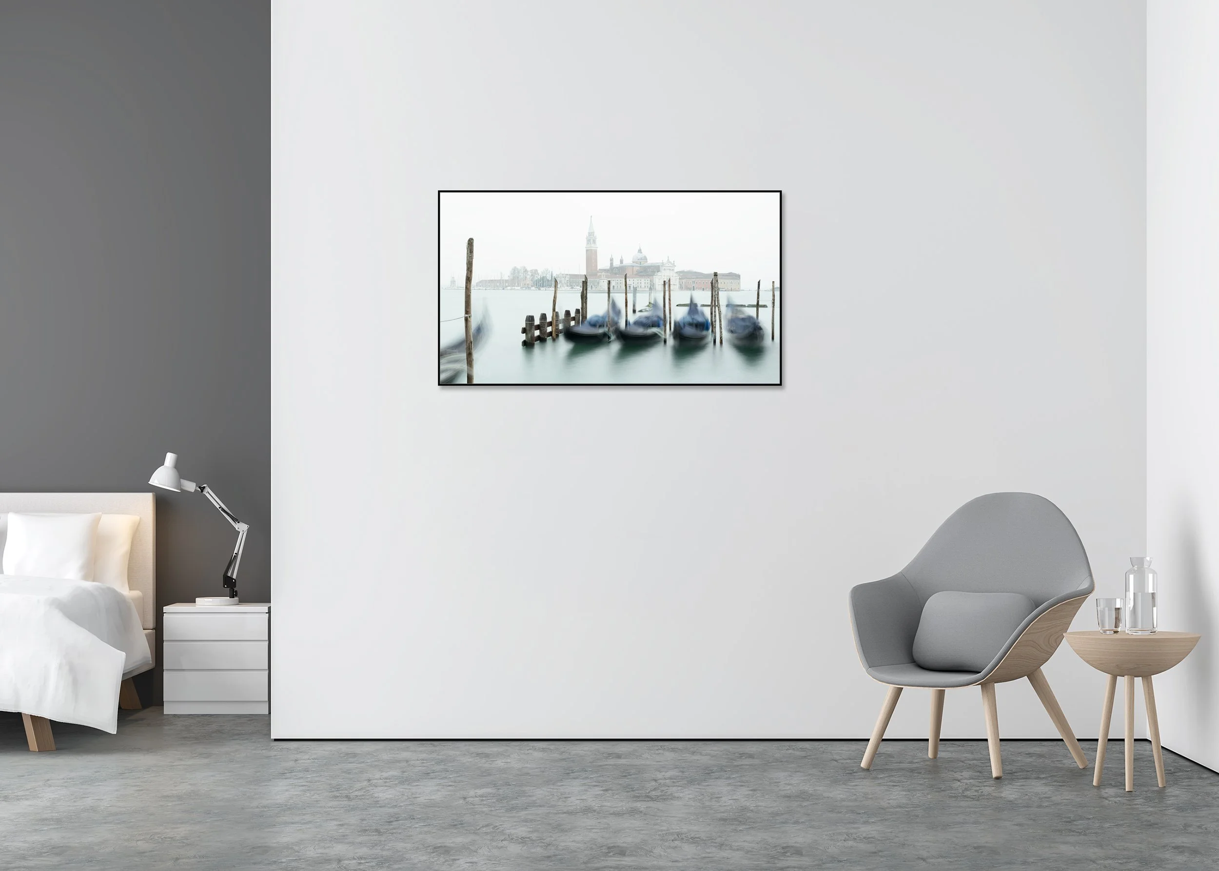 Gondolas and the Church of San Giorgio Maggiore – Venice, colour photograph on aluminium Dibond in an aluminium ArtBox.