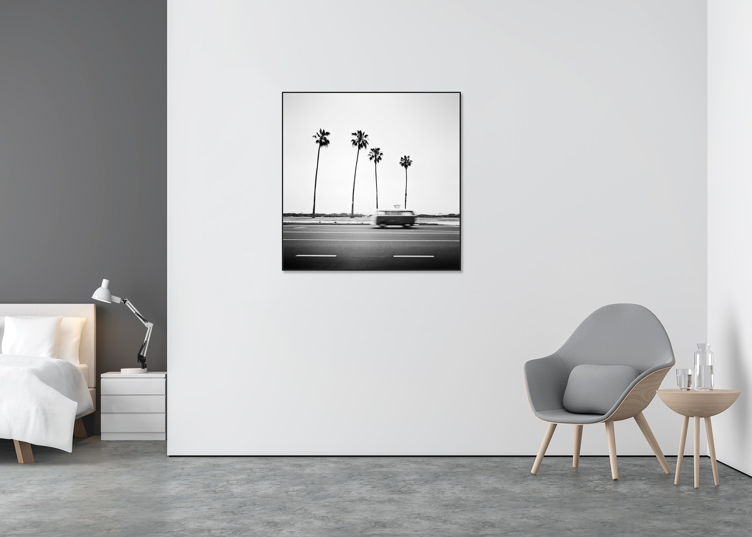 ChromaLuxe metal print of a black-and-white Santa Barbara coastal road with tall palm trees and a blurred vintage VW bus.
