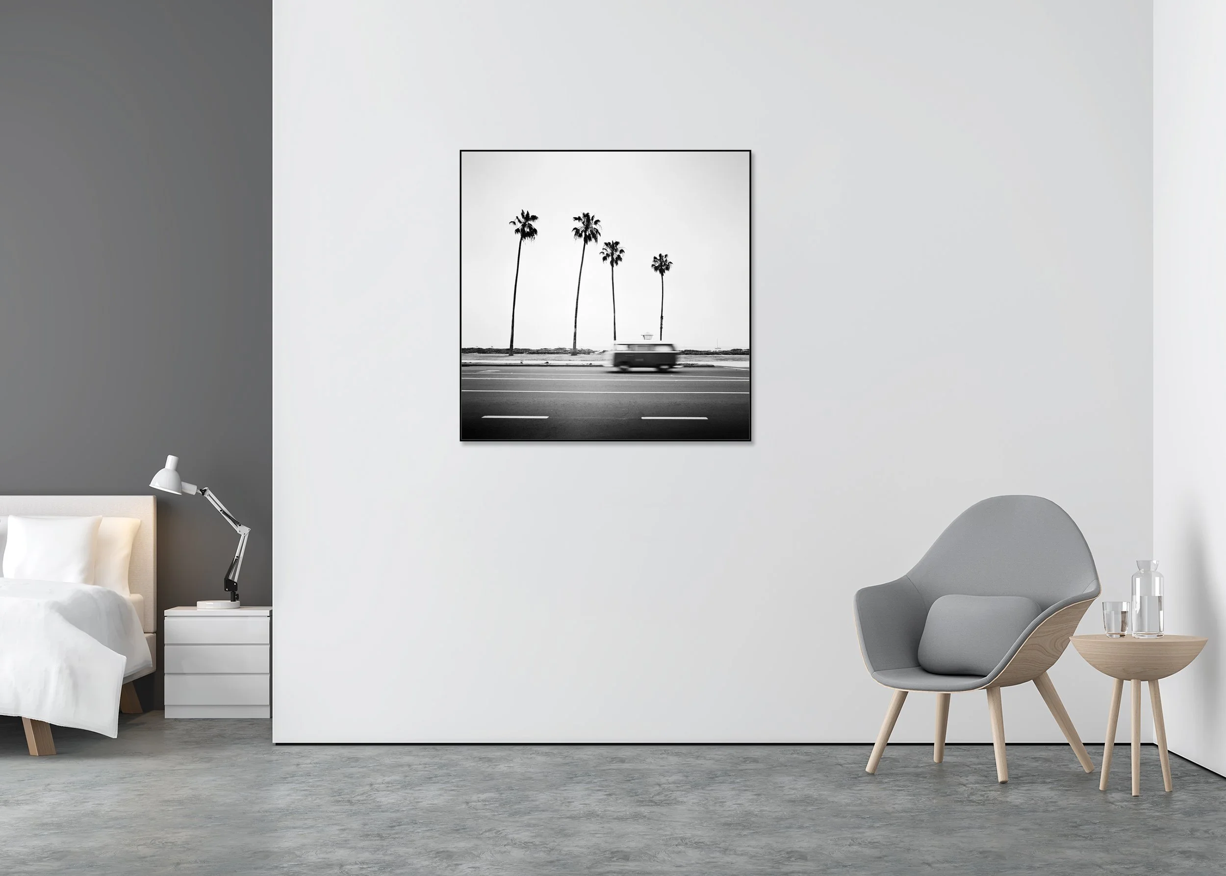 Black-and-white print of a blurred vintage VW bus on a palm-lined coastal road in Santa Barbara, mounted to Dibond in an aluminium ArtBox.