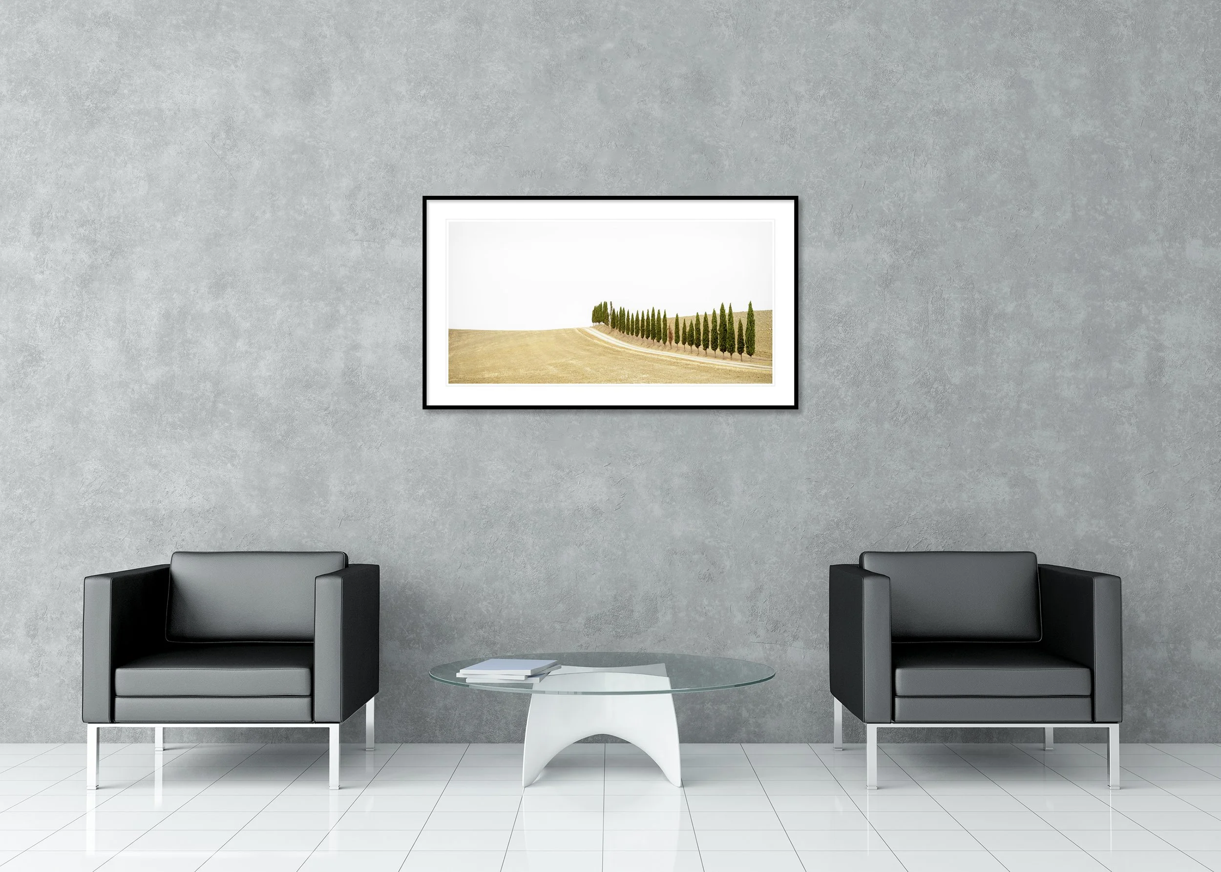 Row of Cypress Trees, Panorama – archival pigment print in a black aluminium frame with a white mount in a modern lounge.