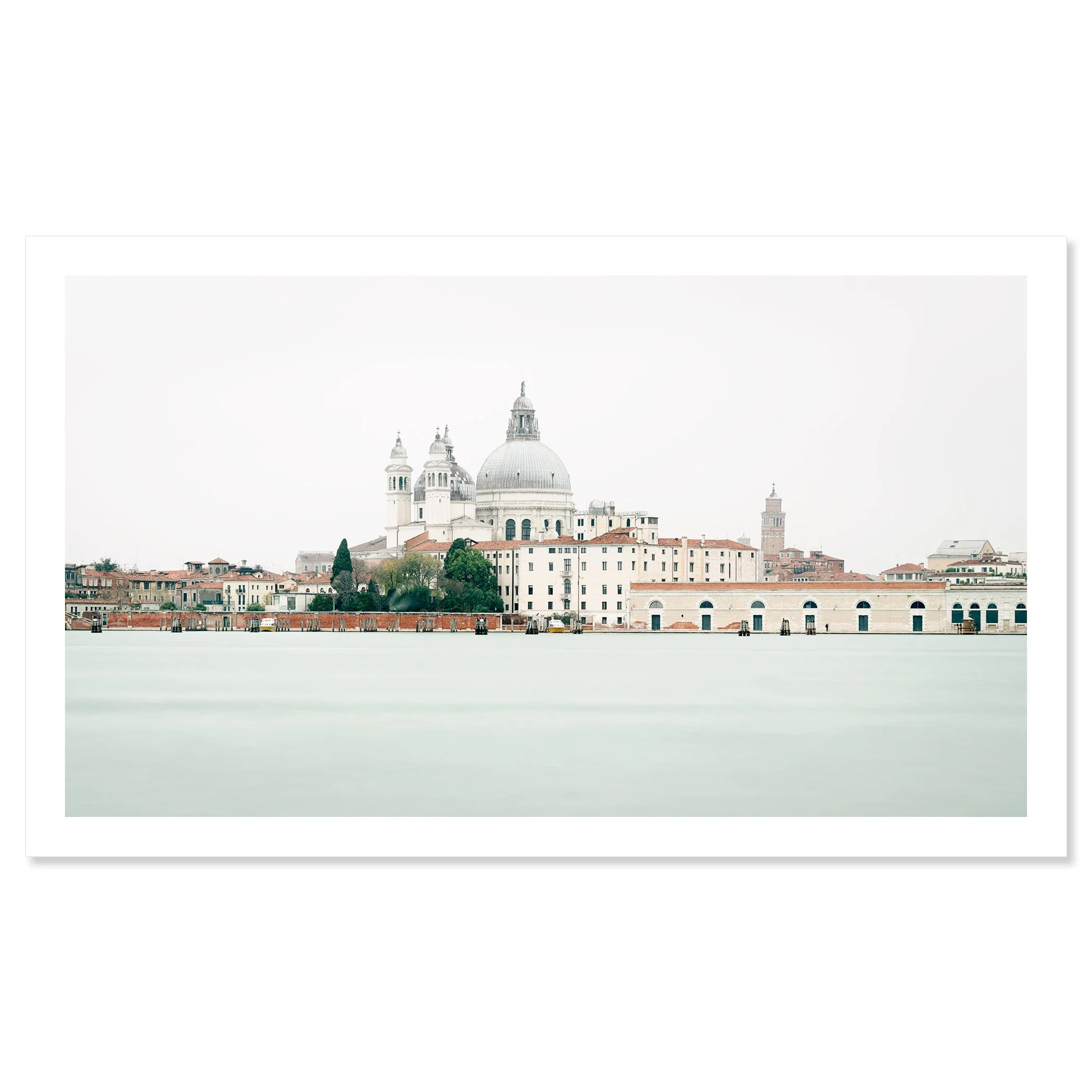 Gerald Berghammer - Color cityscape photography. View of a city skyline with the Basilica di Santa Maria della Salute in Venice, Italy, on a foggy day. Fine art print only