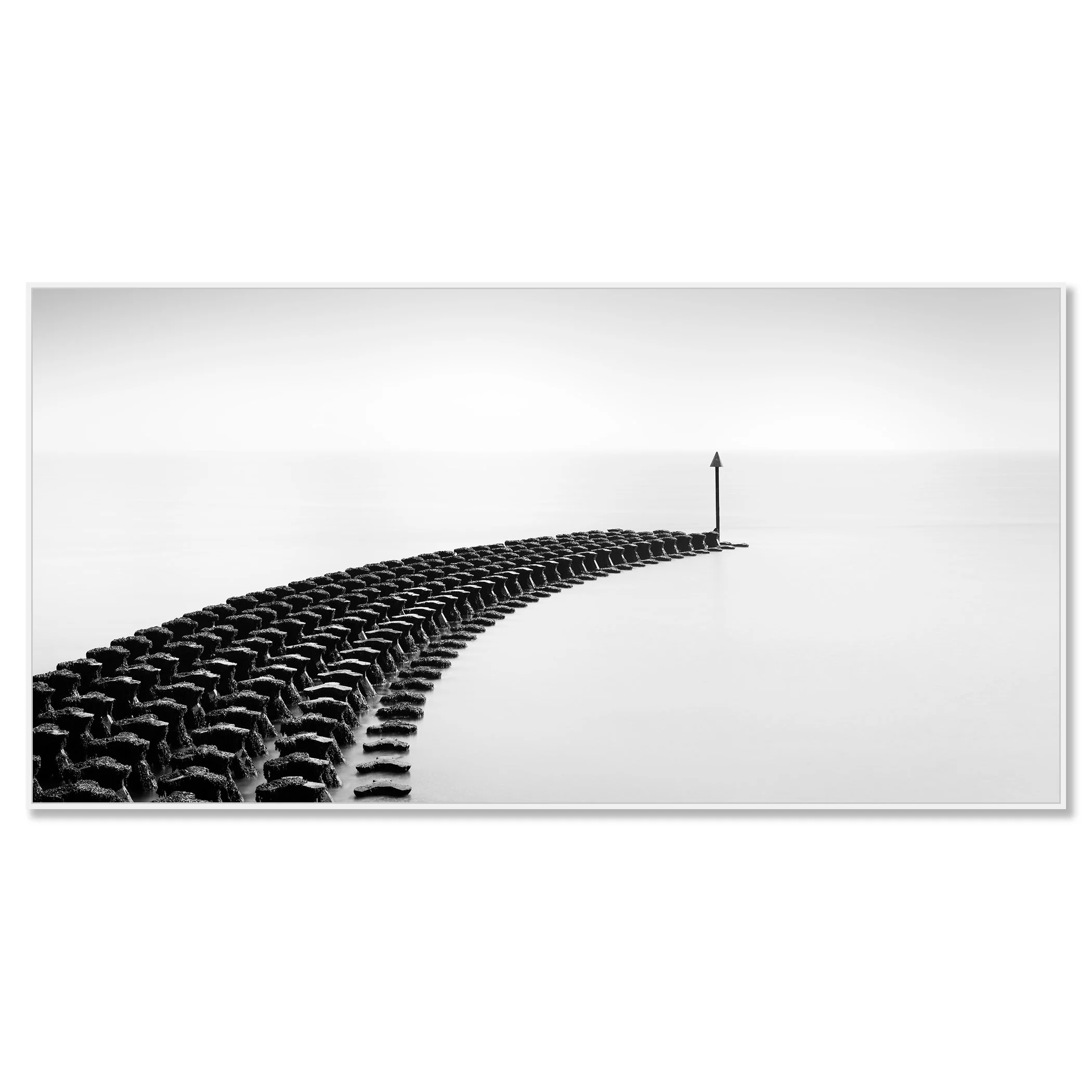 Cobbold’s Point Panorama Study 1 by Gerald Berghammer, black-and-white seascape in a white aluminium ArtBox frame.