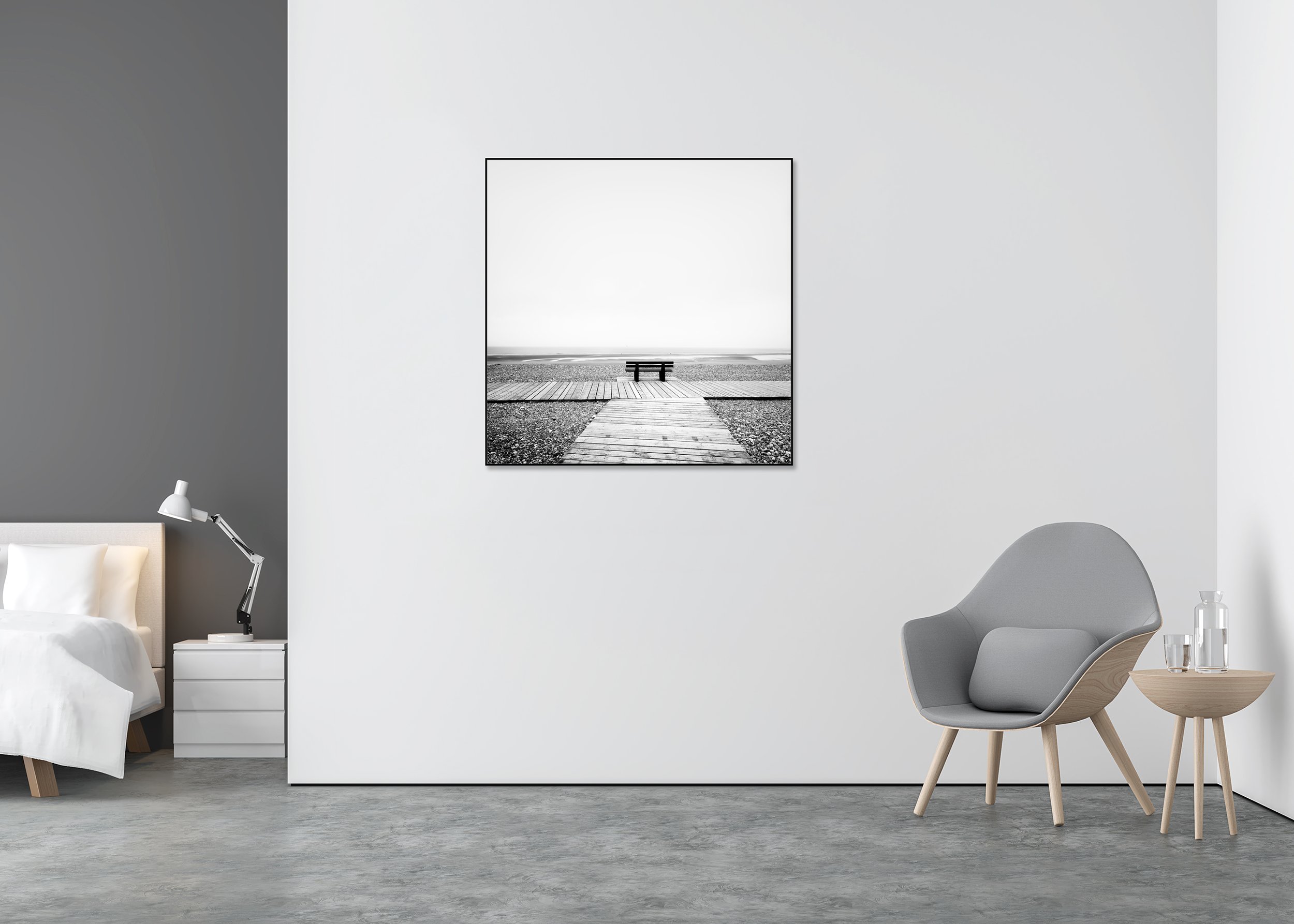 Black-and-white seascape with a bench on a wooden path overlooking the Atlantic Ocean and a rocky beach, ChromaLuxe metal print in an aluminium ArtBox frame