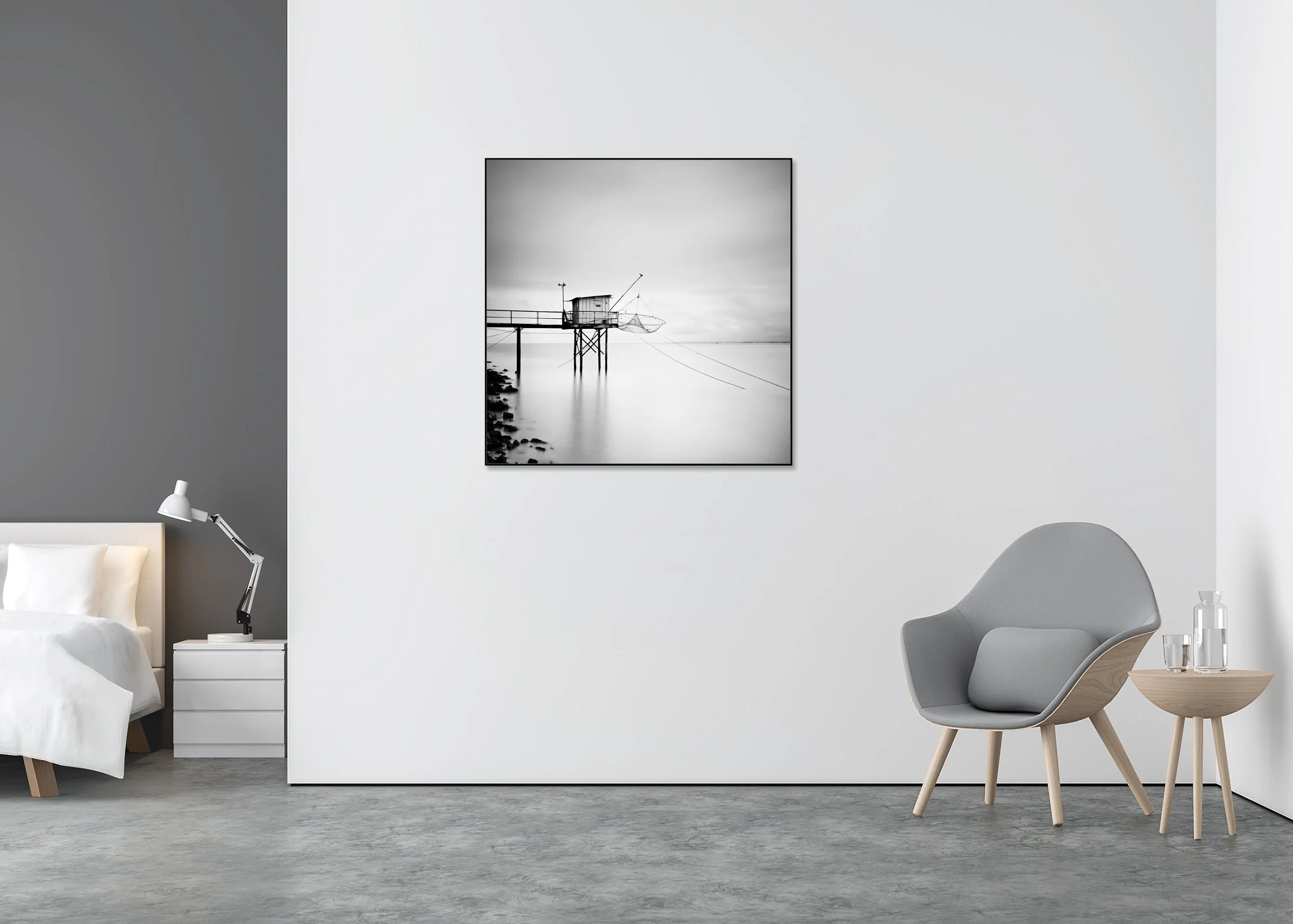 Wooden Fishing Hut on Stilts Study 1 displayed on a wall, mounted on aluminium Dibond in a black ArtBox frame. Photo by Gerald Berghammer.