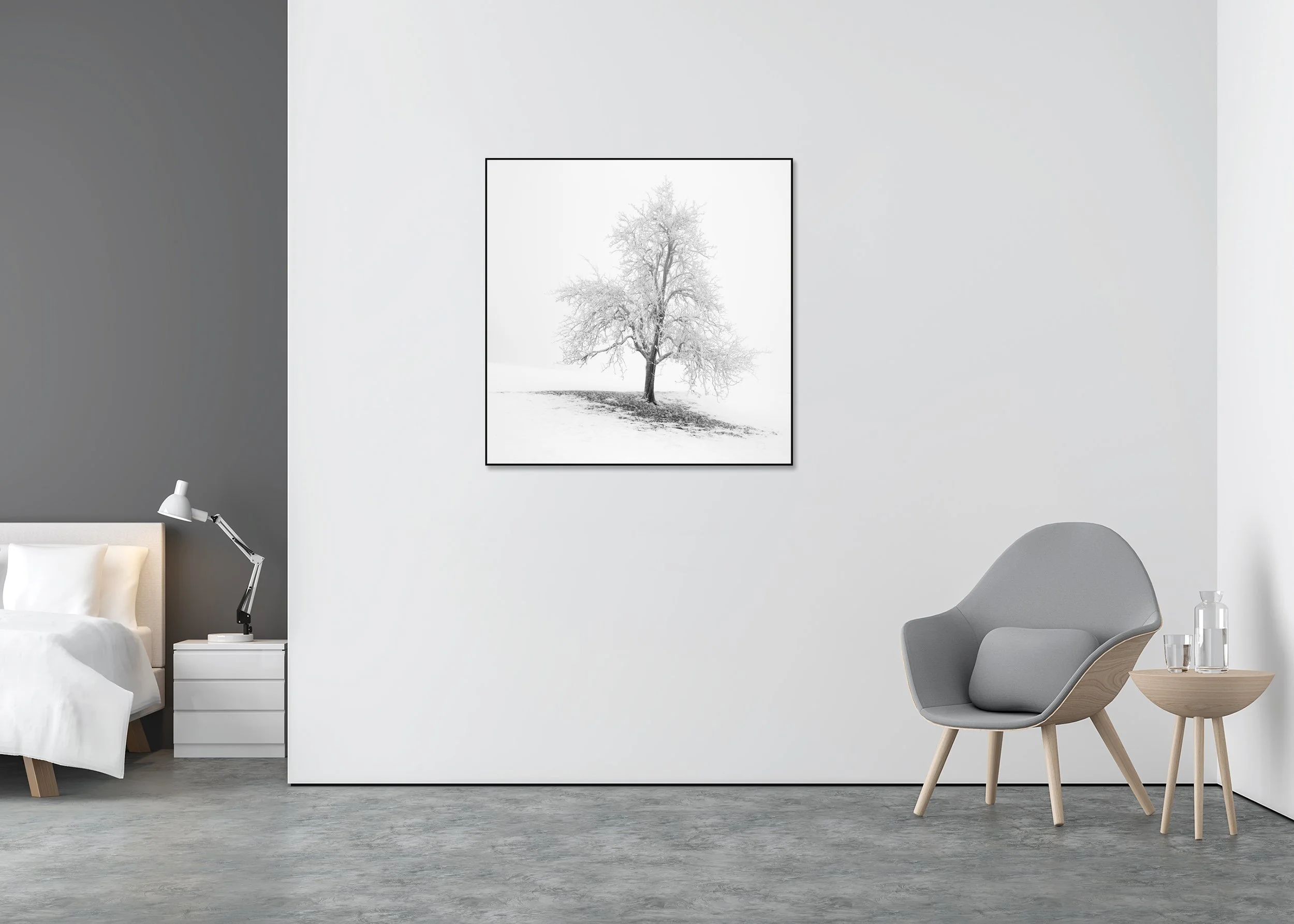 Frosted Winter Tree – Austria displayed as a black-and-white fine art print in an aluminium ArtBox