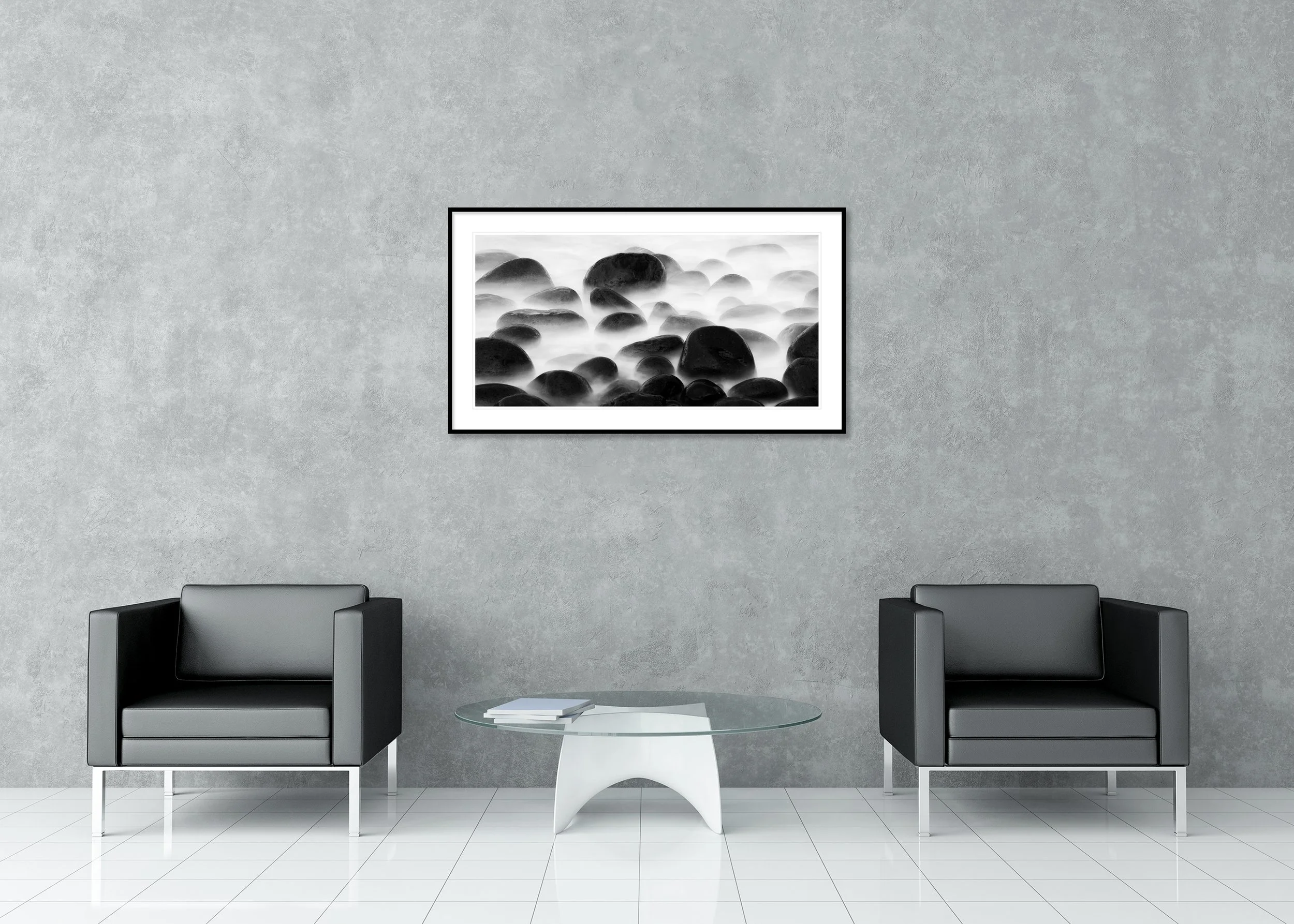 Black Stone Beach Study 1 – Portugal, black-and-white archival pigment print in a classic frame with a mount and anti-reflective glass