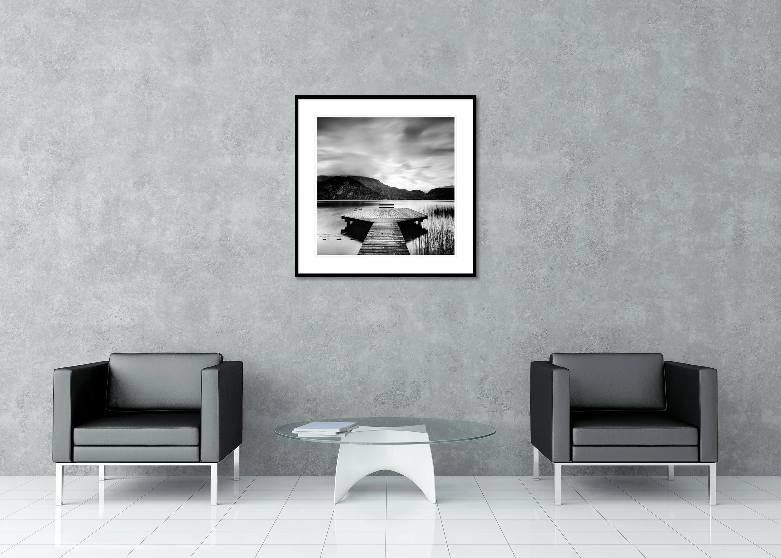 Wood Pier Study 2 – Austria, black-and-white archival pigment print in a classic frame with a mount and anti-reflective glass