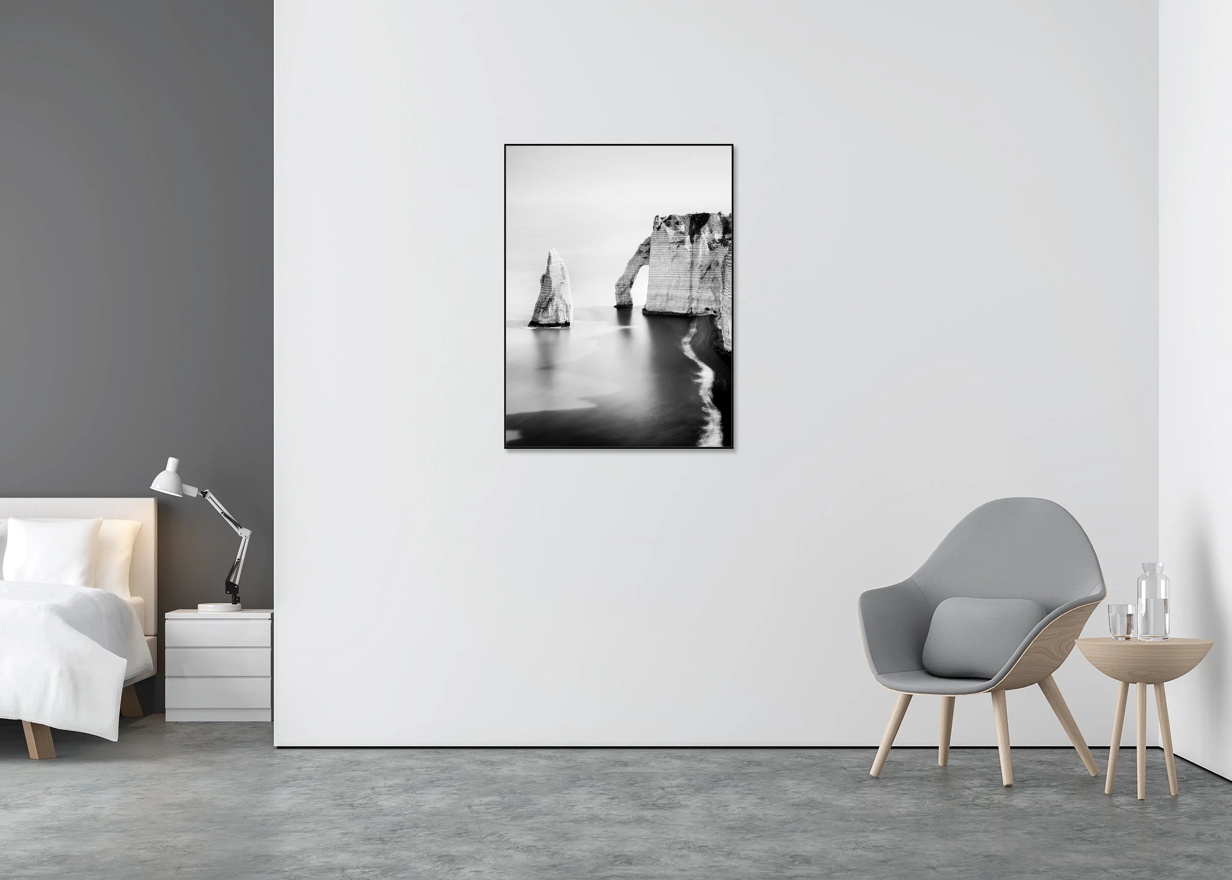 The Cliffs of Étretat, Study 3 – black-and-white photograph in an aluminium ArtBox displayed in a minimalist interior. Photo by Gerald Berghammer.