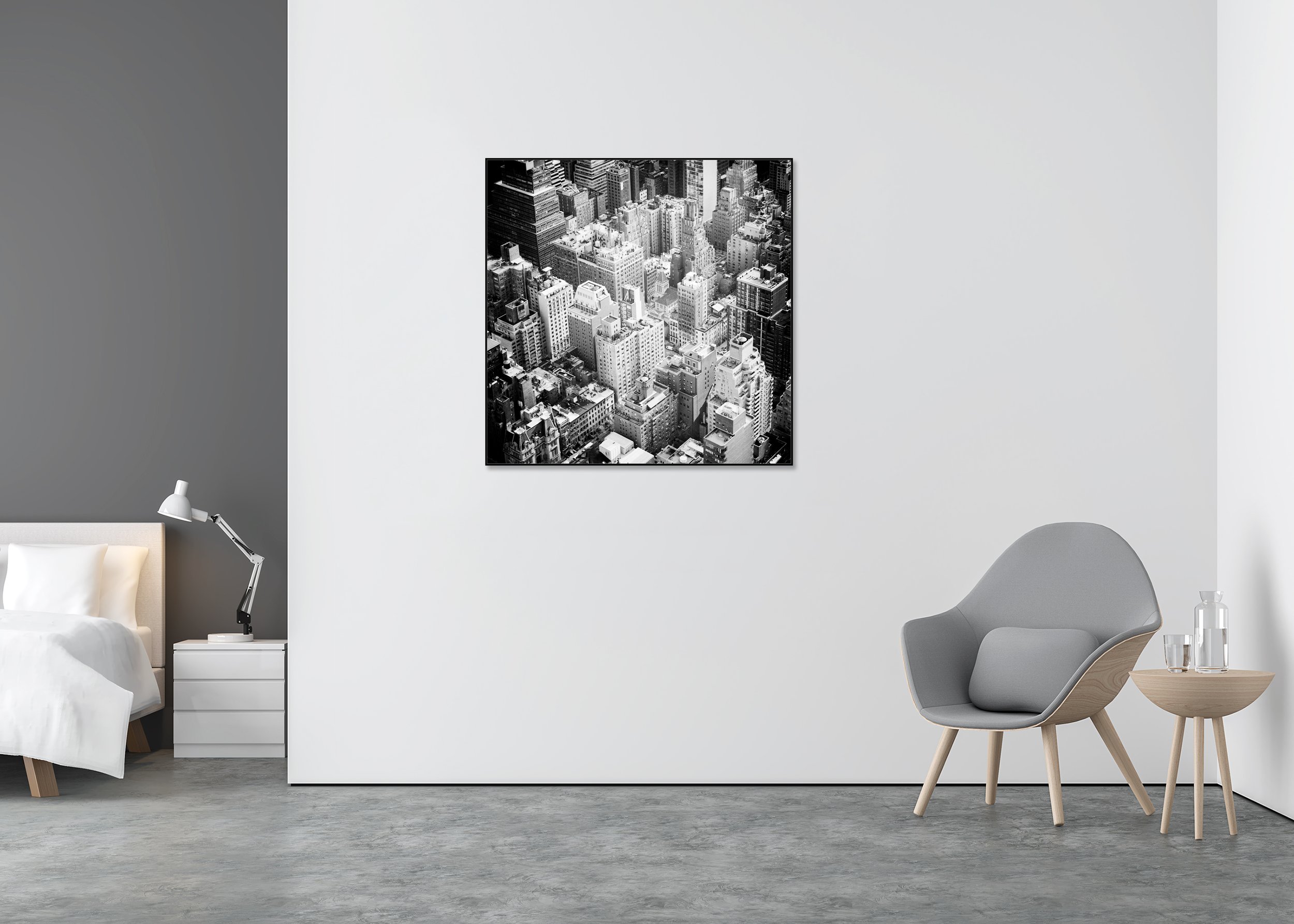 Manhattan Study 3 displayed in a modern interior as a black-and-white Dibond print in a black aluminium ArtBox frame by Gerald Berghammer.