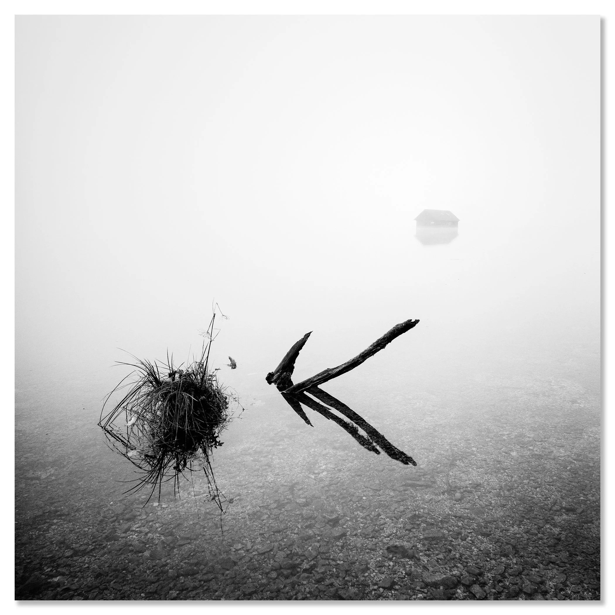 The Lake House – Austria, black-and-white photo print mounted to Dibond, frameless