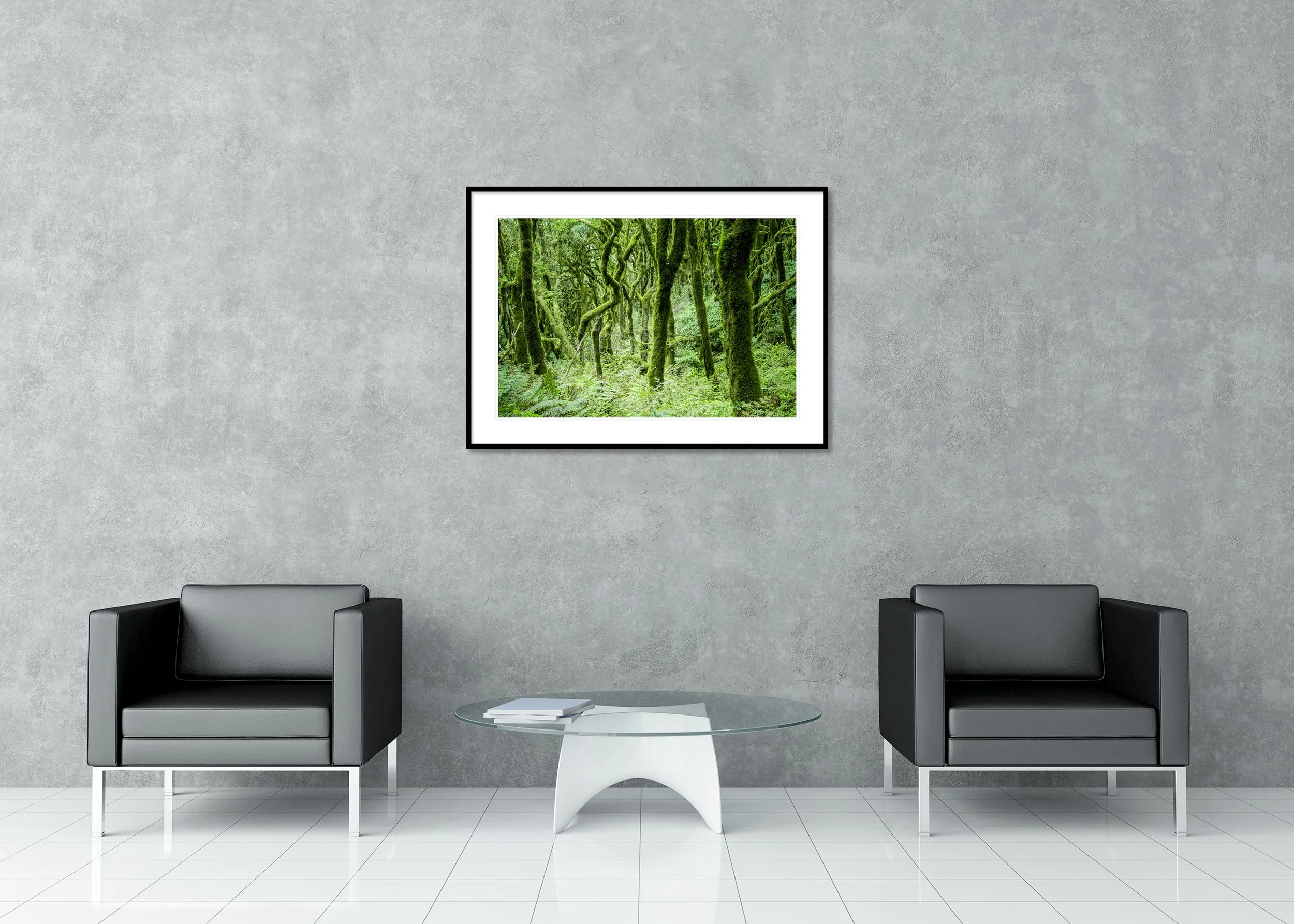 The Laurel Forest of La Gomera, Study 1 – archival pigment print in a black frame with a white mount displayed in a modern interior. Photo by Gerald Berghammer.
