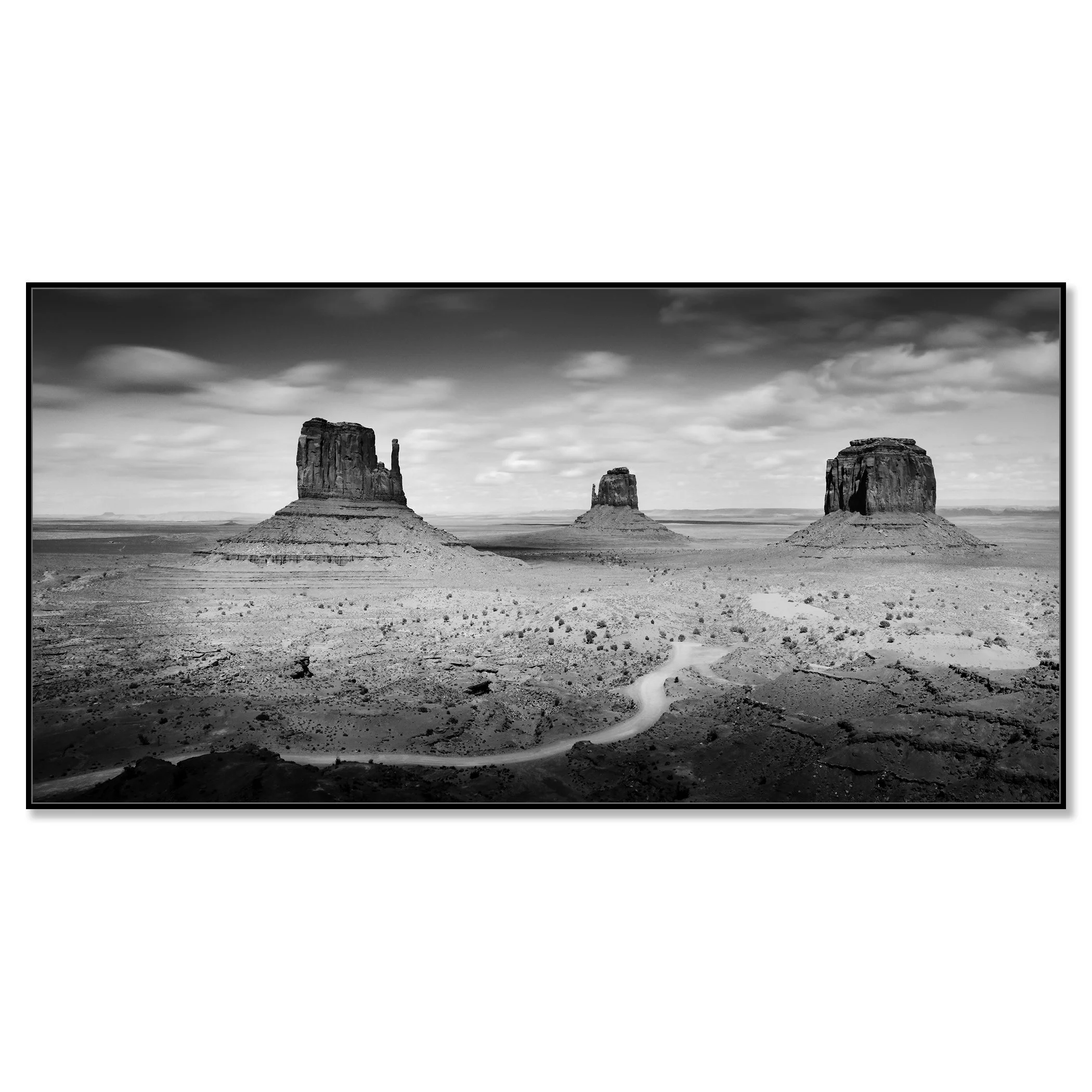 © 2015 Gerald Berghammer - Black and white photo. Large rock formations in a desert landscape, with a winding dirt road in the foreground and a cloudy sky above. Chromaluxe framed black