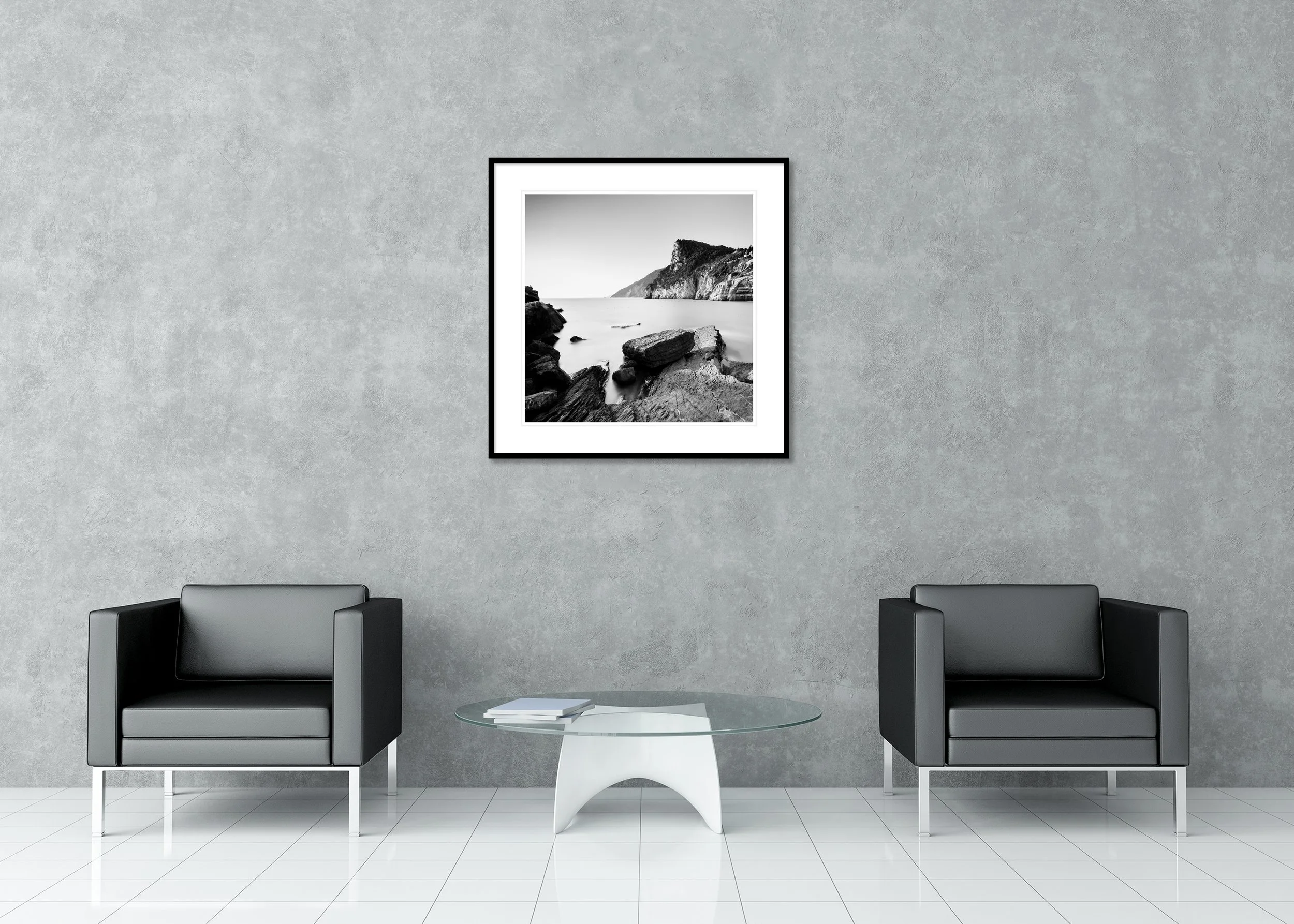 The Rocky Coast of Porto Venere – framed archival pigment print with a white mount displayed in a contemporary interior.