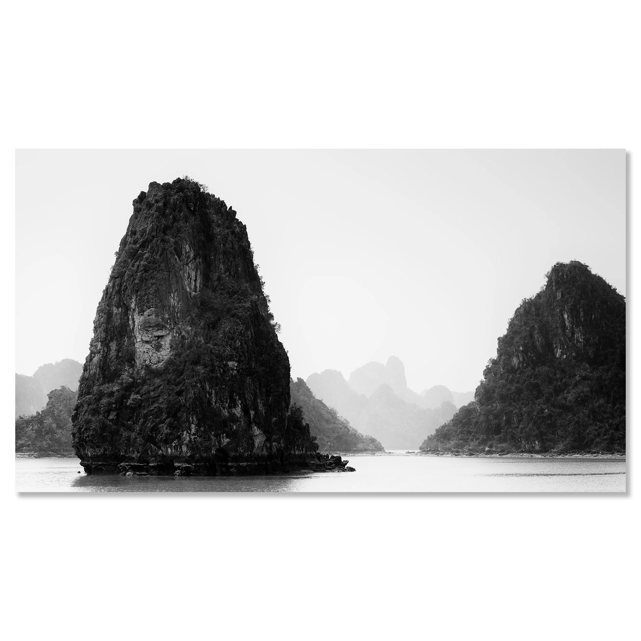 Ha Long Bay Panorama, Study 1 shown as a frameless black-and-white aluminium Dibond print by Gerald Berghammer.