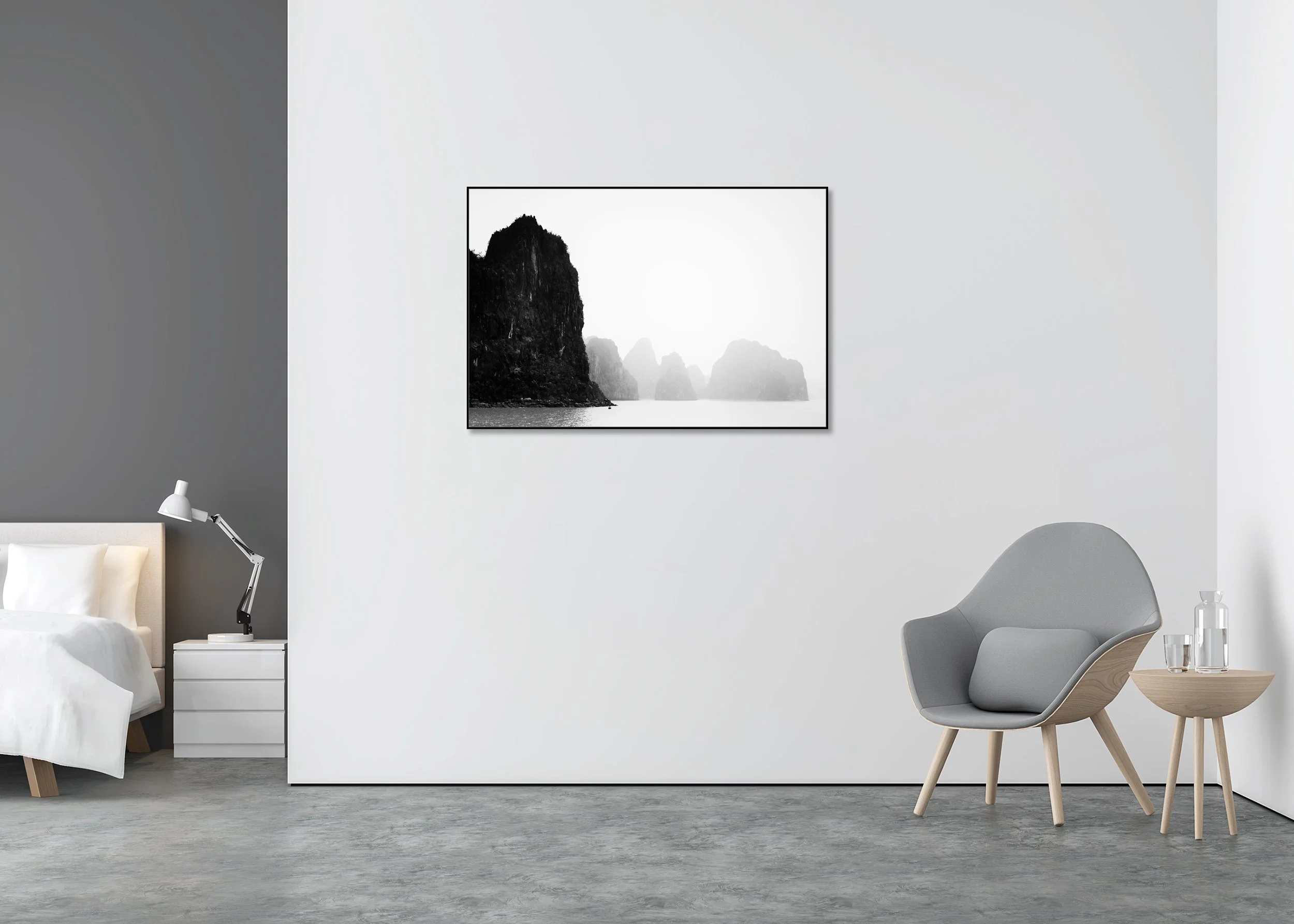 Karst limestone islands rising from the sea with a misty background and muted overcast sky, photo print mounted to Dibond in an aluminium ArtBox.