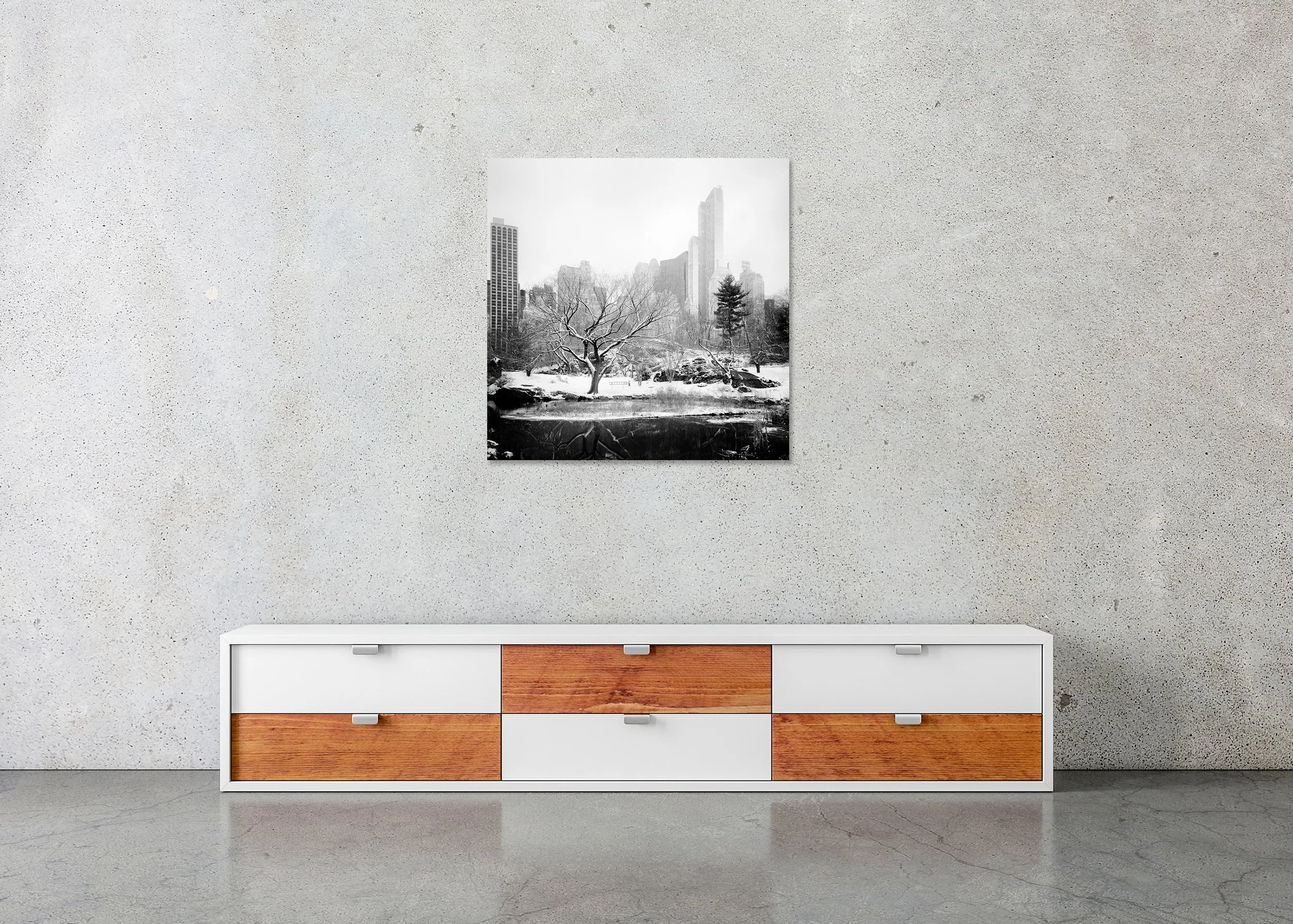 Snow-Covered Central Park Study 7 displayed in a modern interior as a frameless black-and-white artwork mounted on aluminium Dibond by Gerald Berghammer.